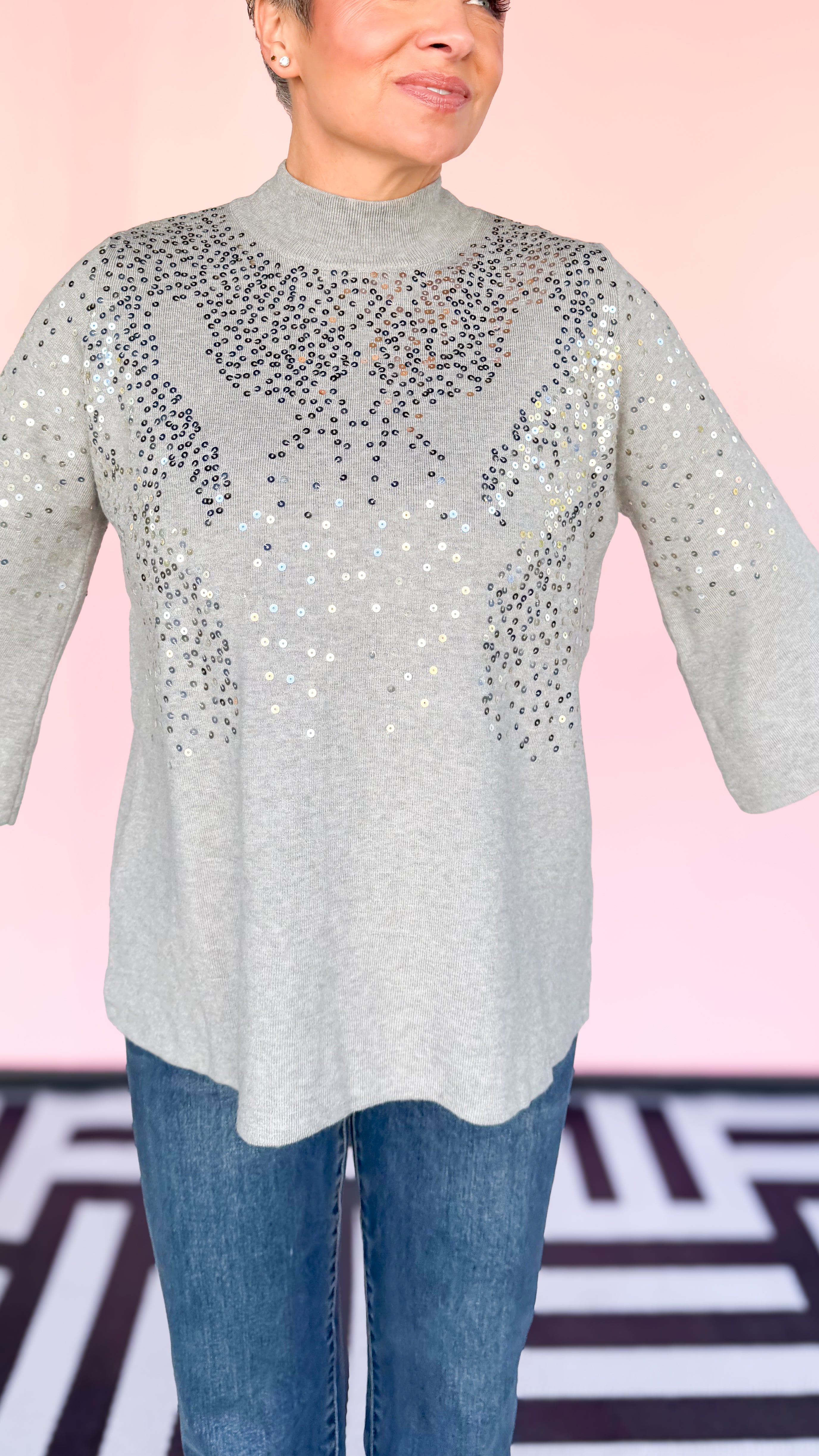 Sequin Embellished Mock Neck Sweater/Grey