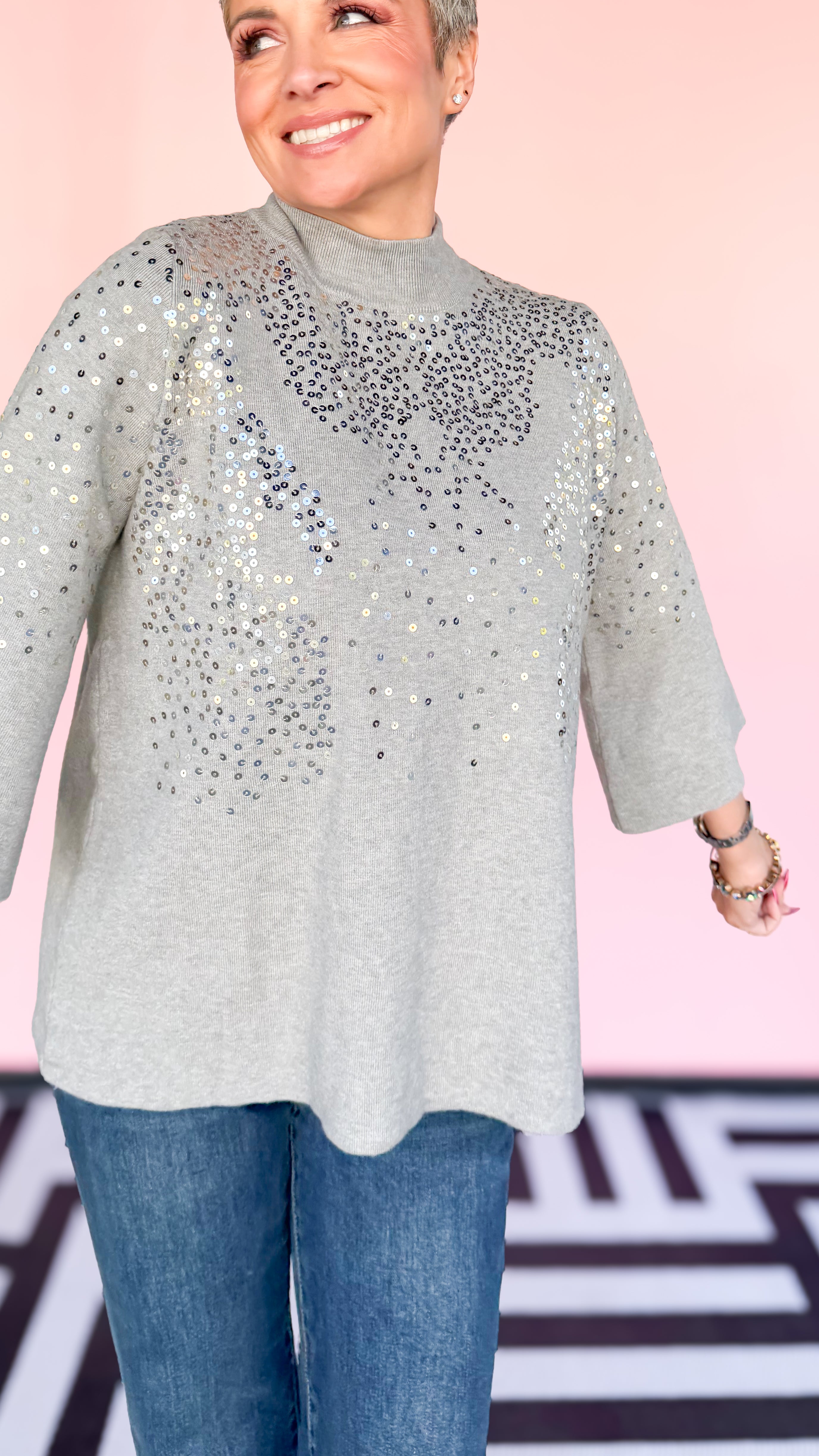 Sequin Embellished Mock Neck Sweater/Grey
