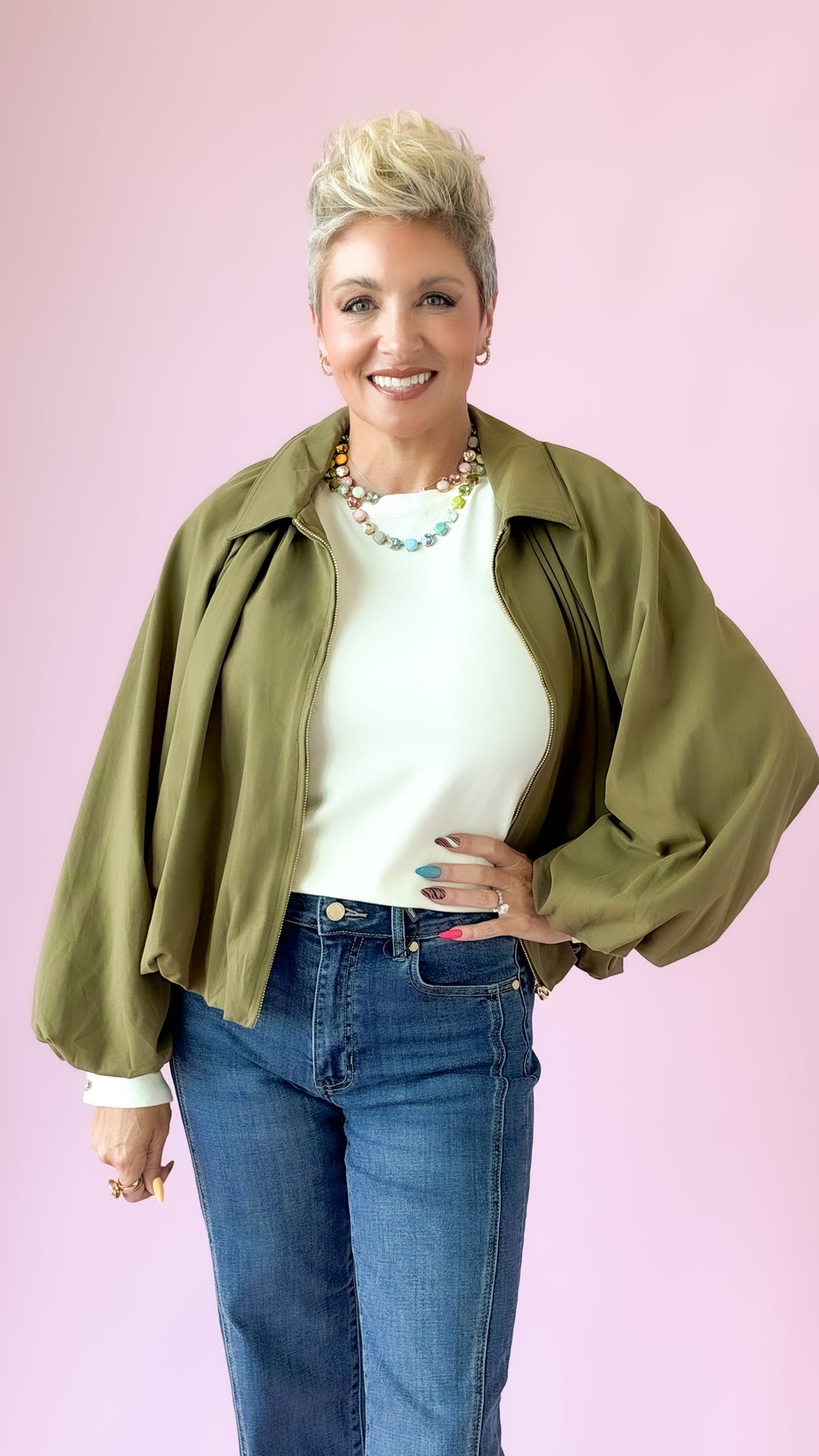 Bubble Hem Crop Jacket/Olive