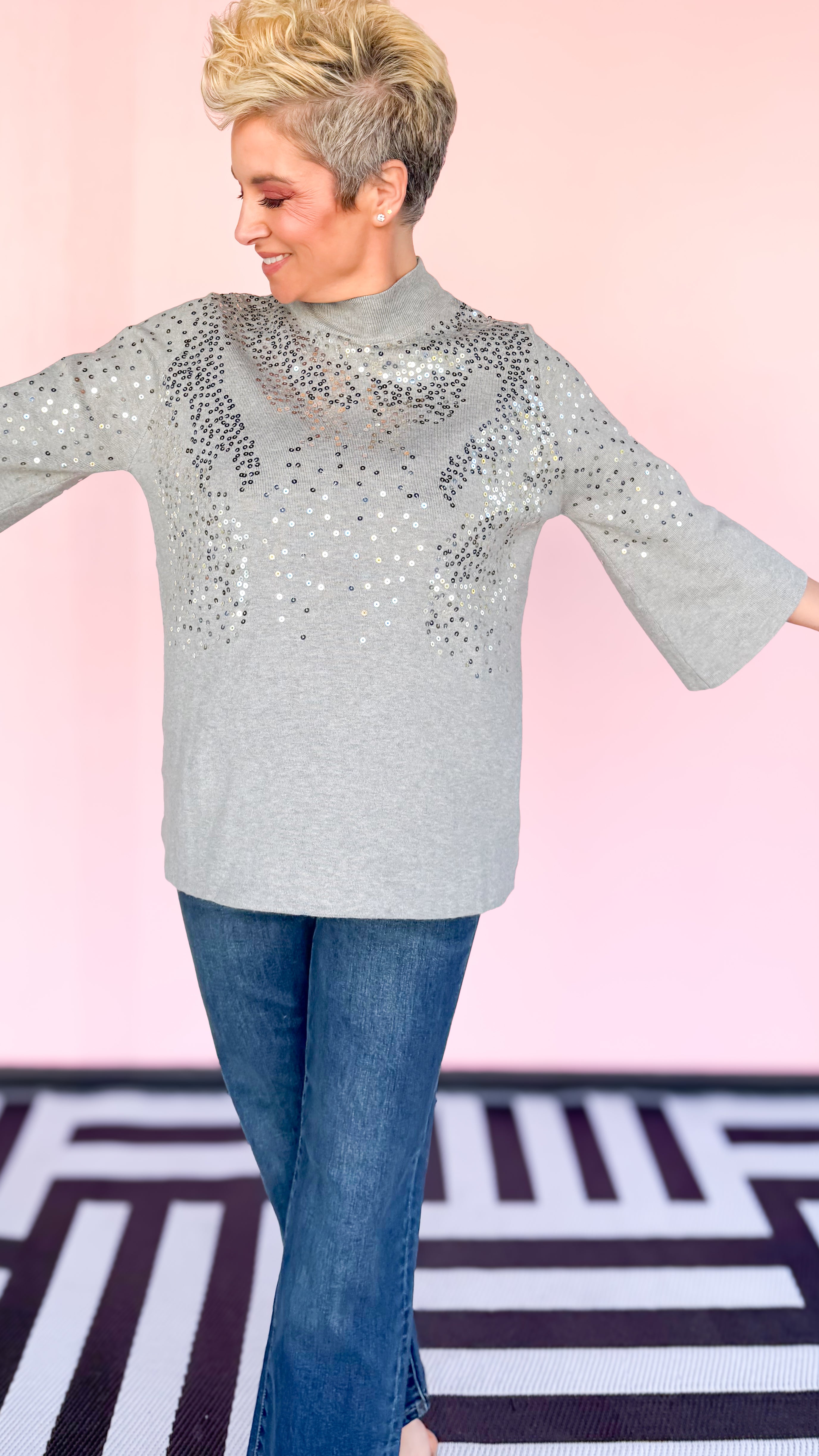 Sequin Embellished Mock Neck Sweater/Grey