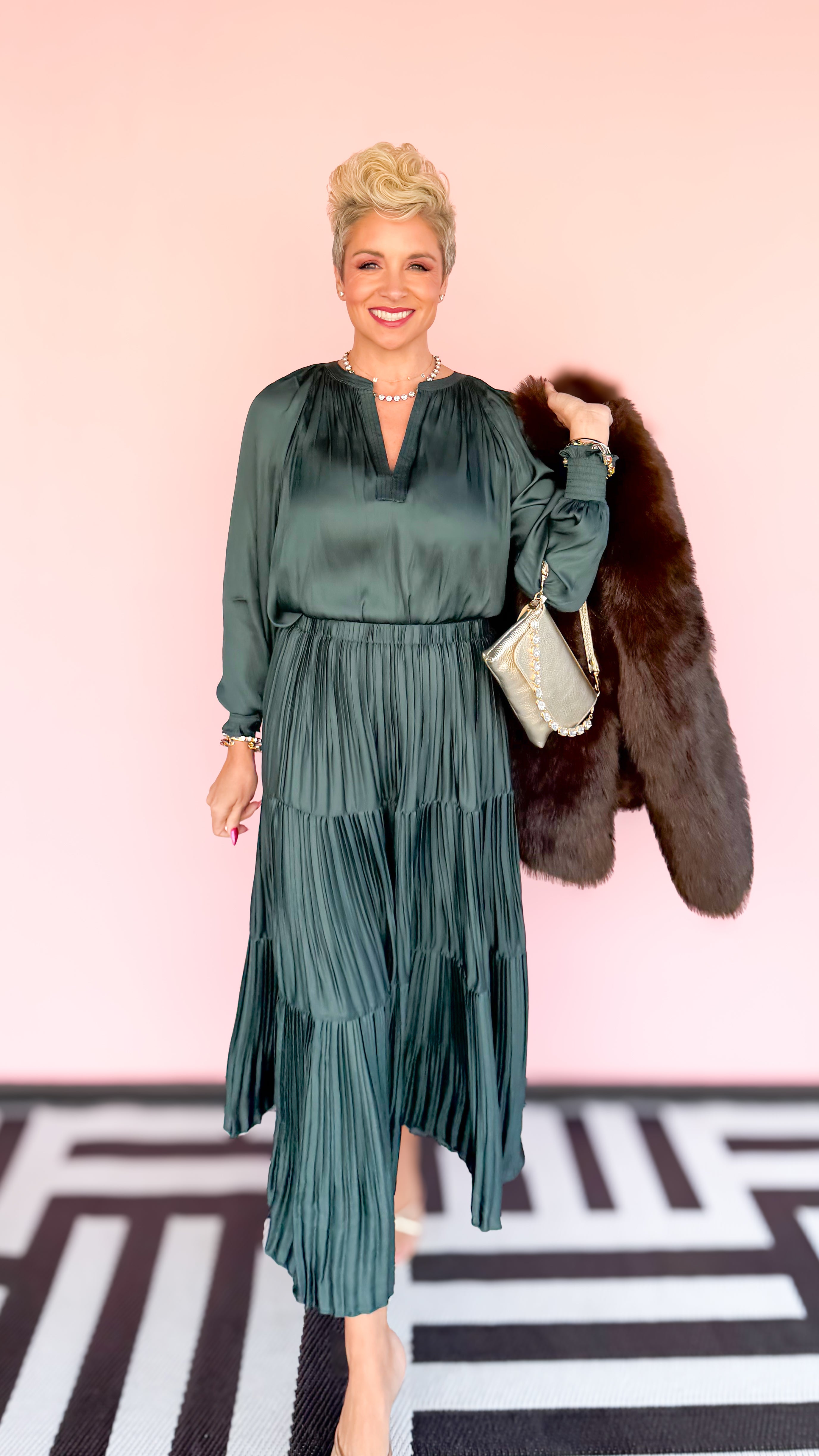 Split Neck Smocked Long Sleeve Blouse