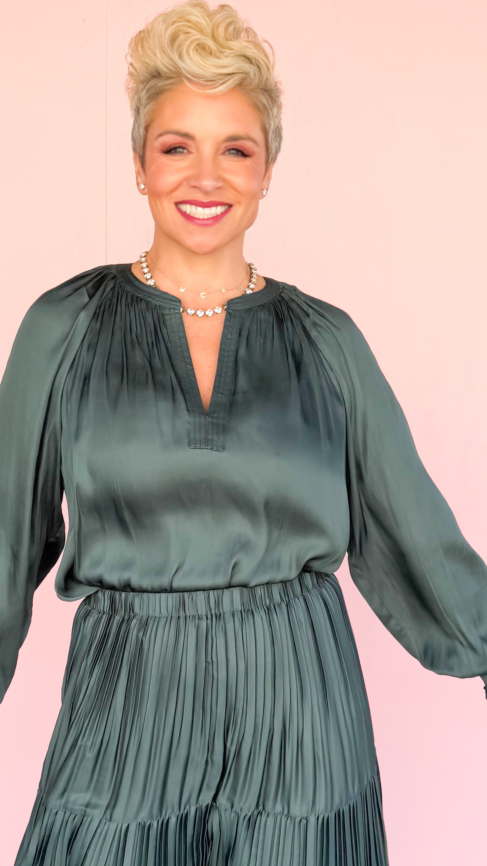 Split Neck Smocked Long Sleeve Blouse