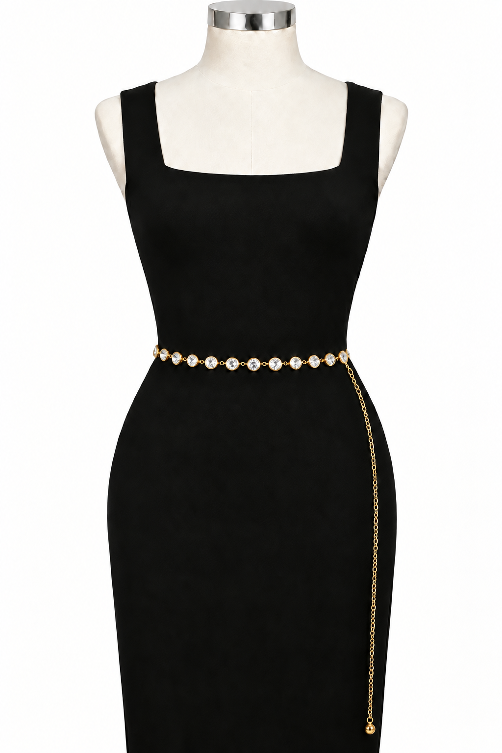 Silver jeweled disc chain belt on a black dress form