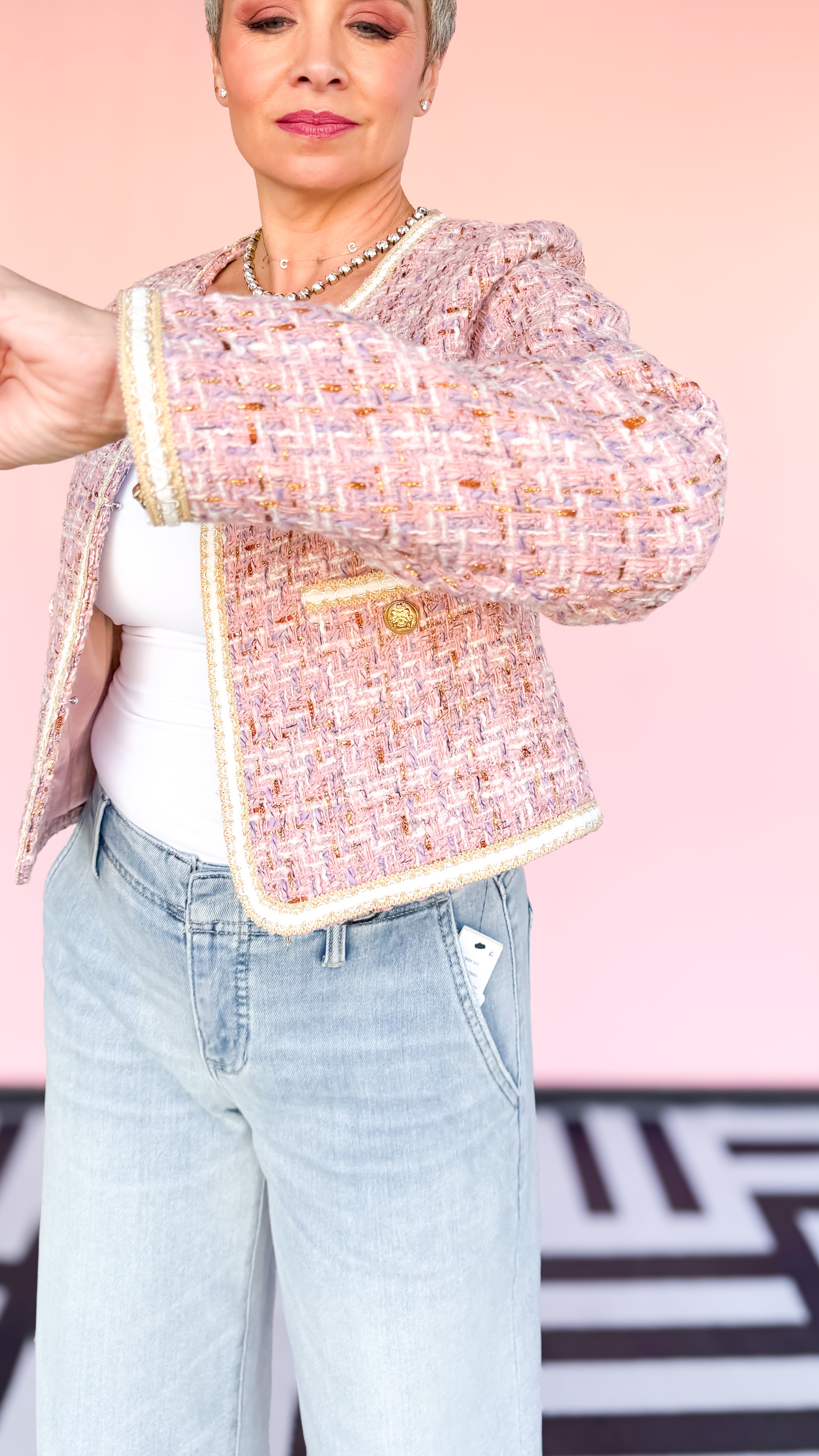 Boucle Pink and Gold Plaid Jacket