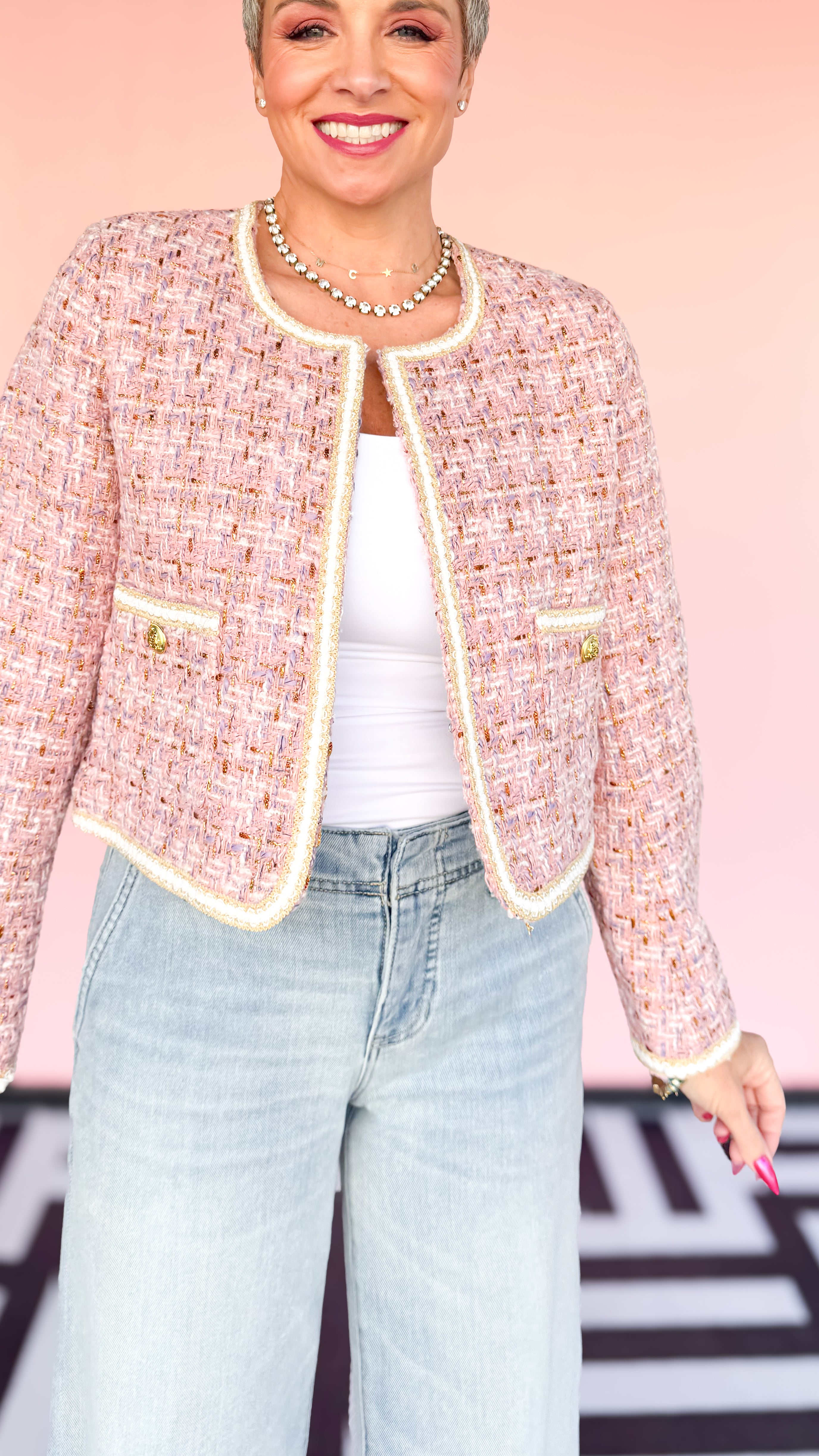Boucle Pink and Gold Plaid Jacket