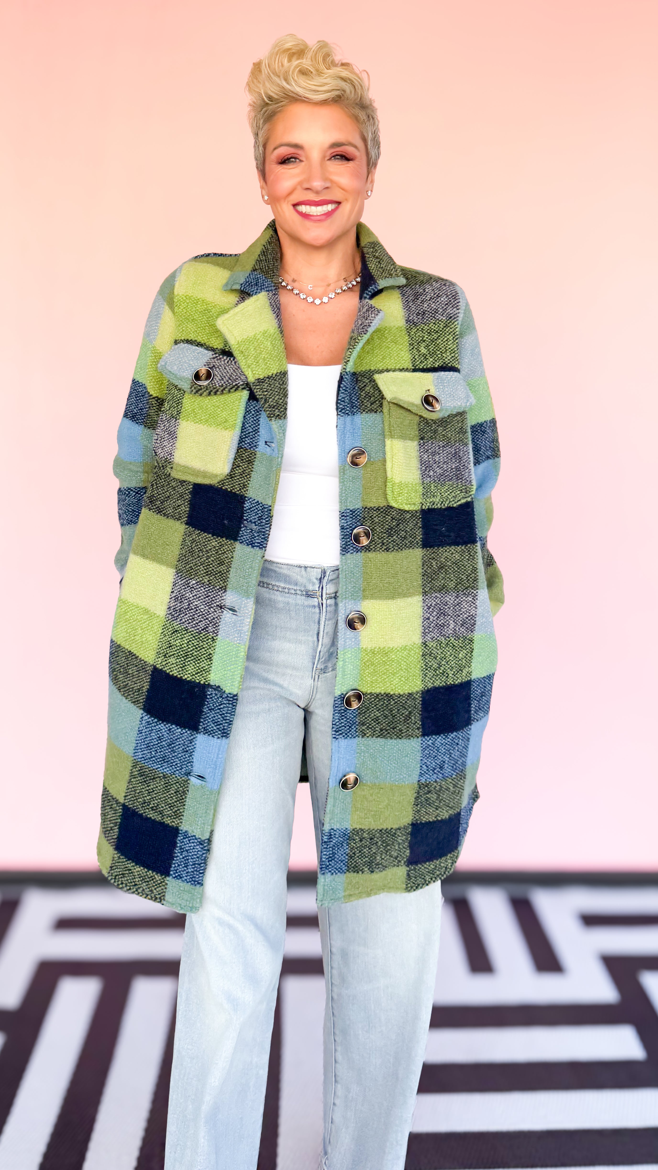 KNIT PLAID NOTCH COLLAR SHACKET