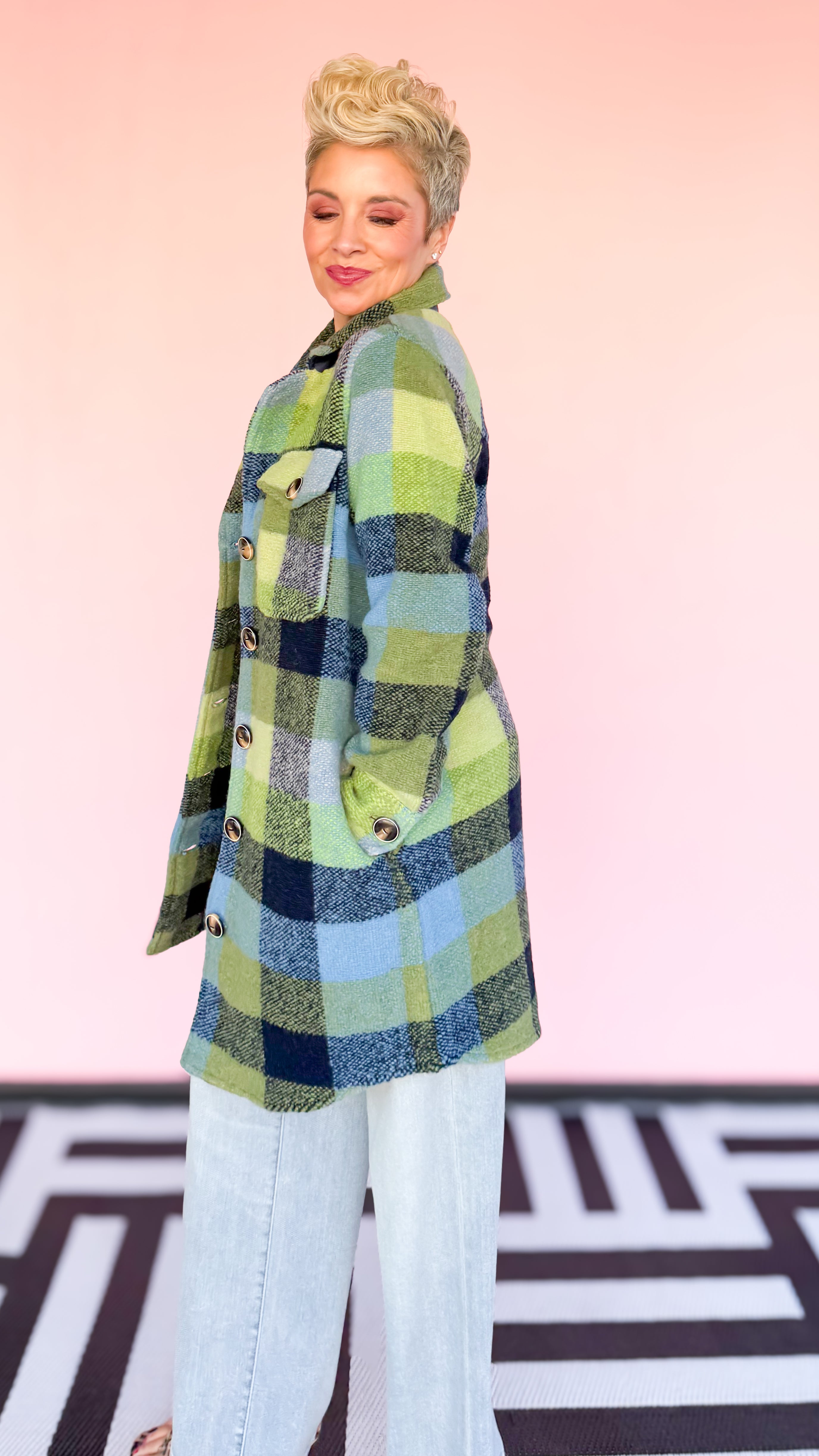 KNIT PLAID NOTCH COLLAR SHACKET