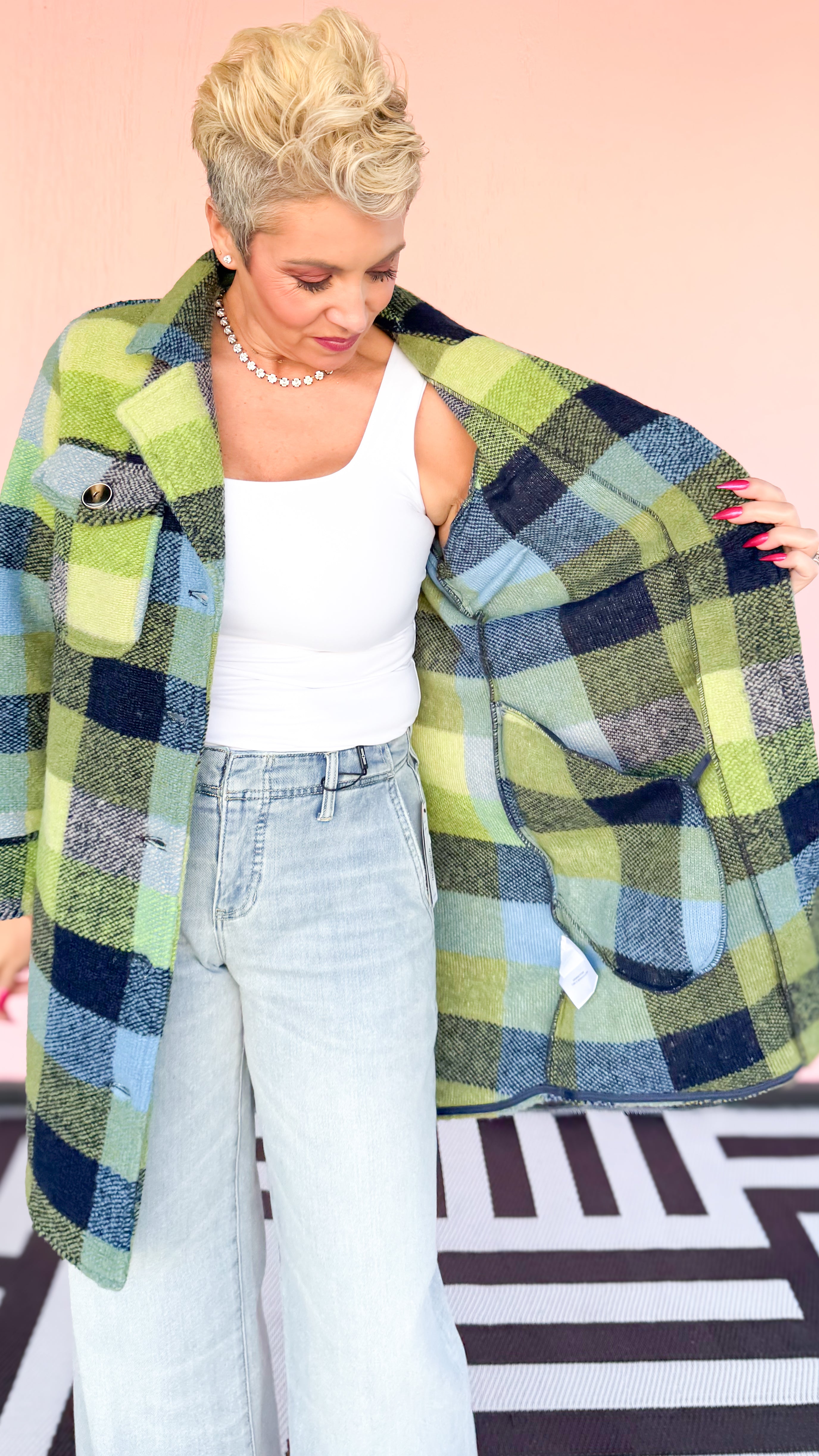 KNIT PLAID NOTCH COLLAR SHACKET