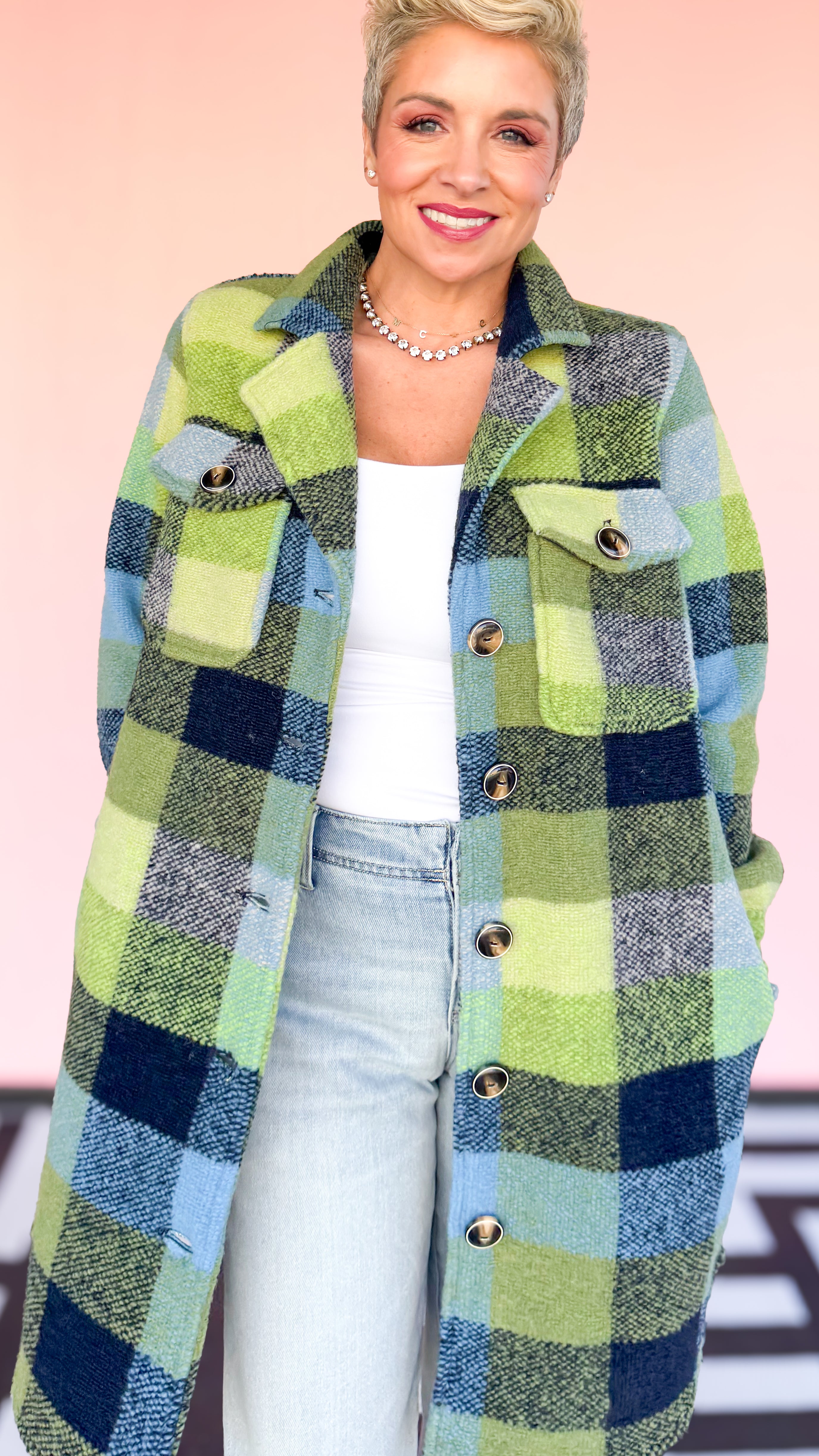 KNIT PLAID NOTCH COLLAR SHACKET