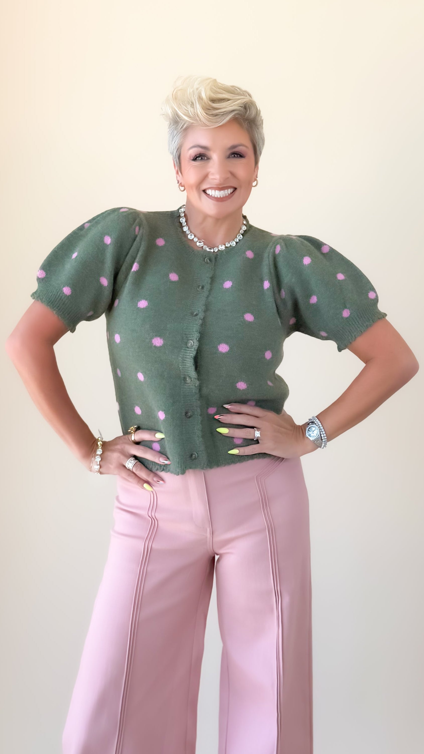Andrea Polka Dot Cardigan/Olive
