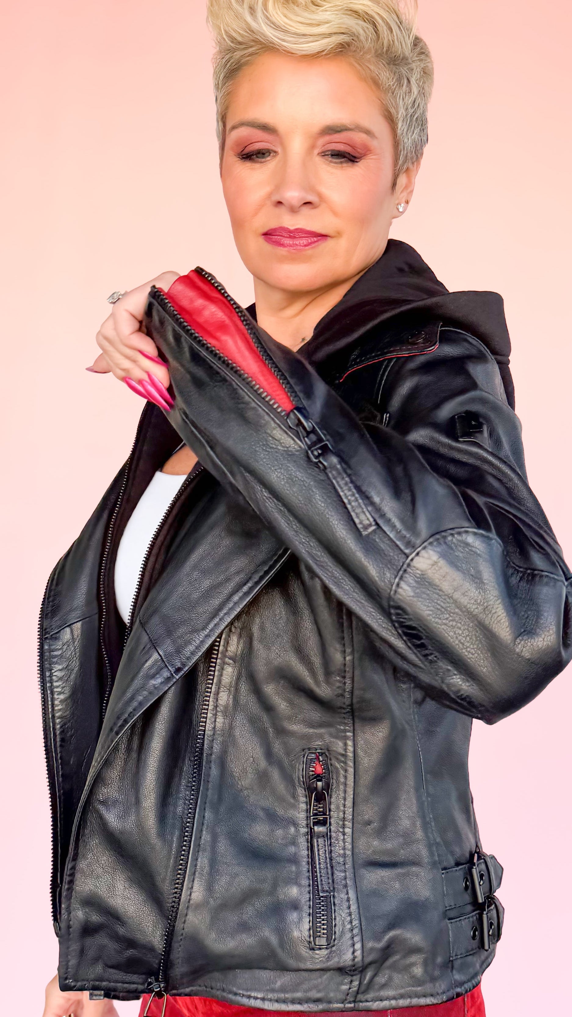 Star Leather Jacket Removable Hood/Black