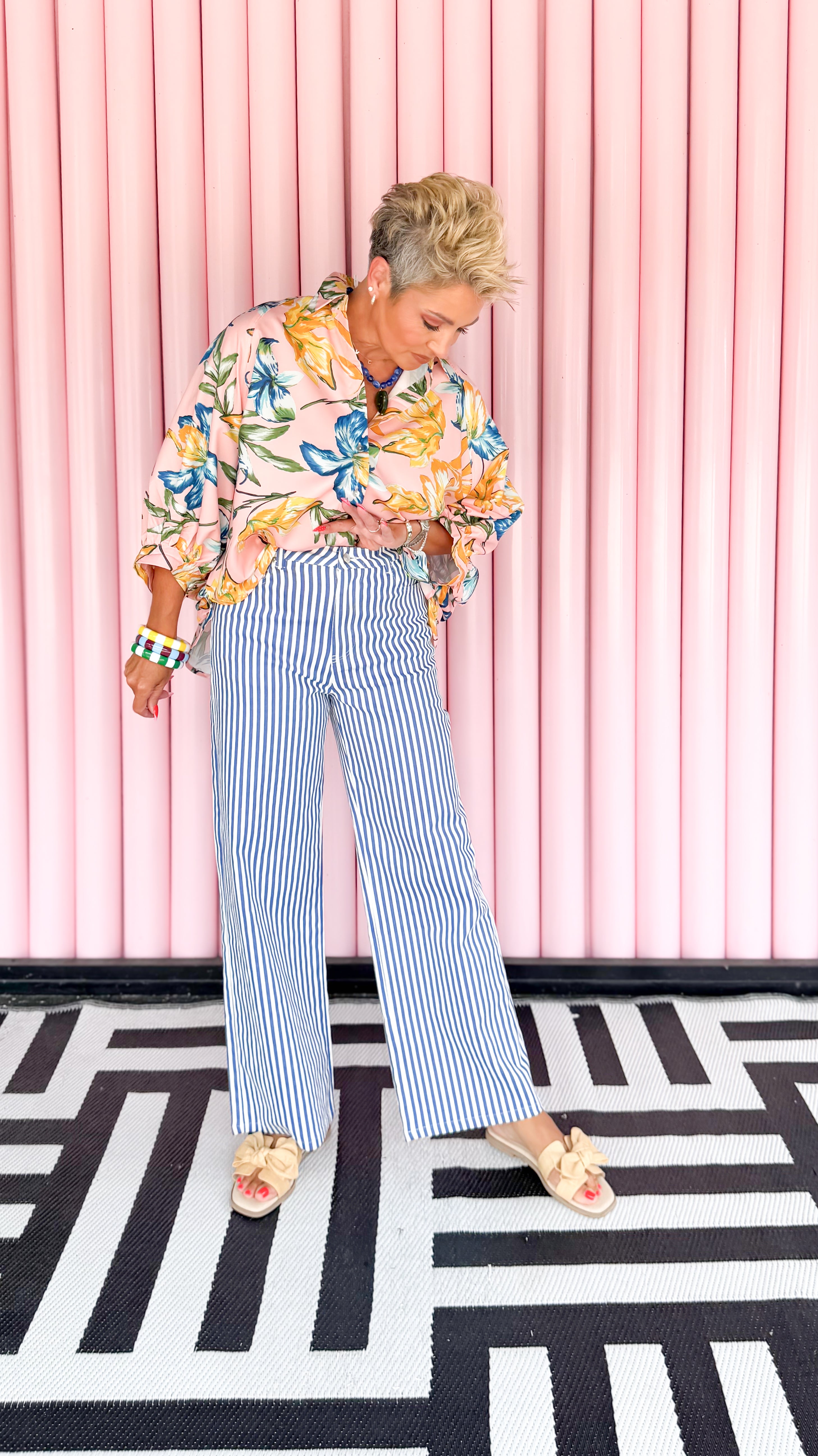 Striped Wide Leg Jeans/Blue