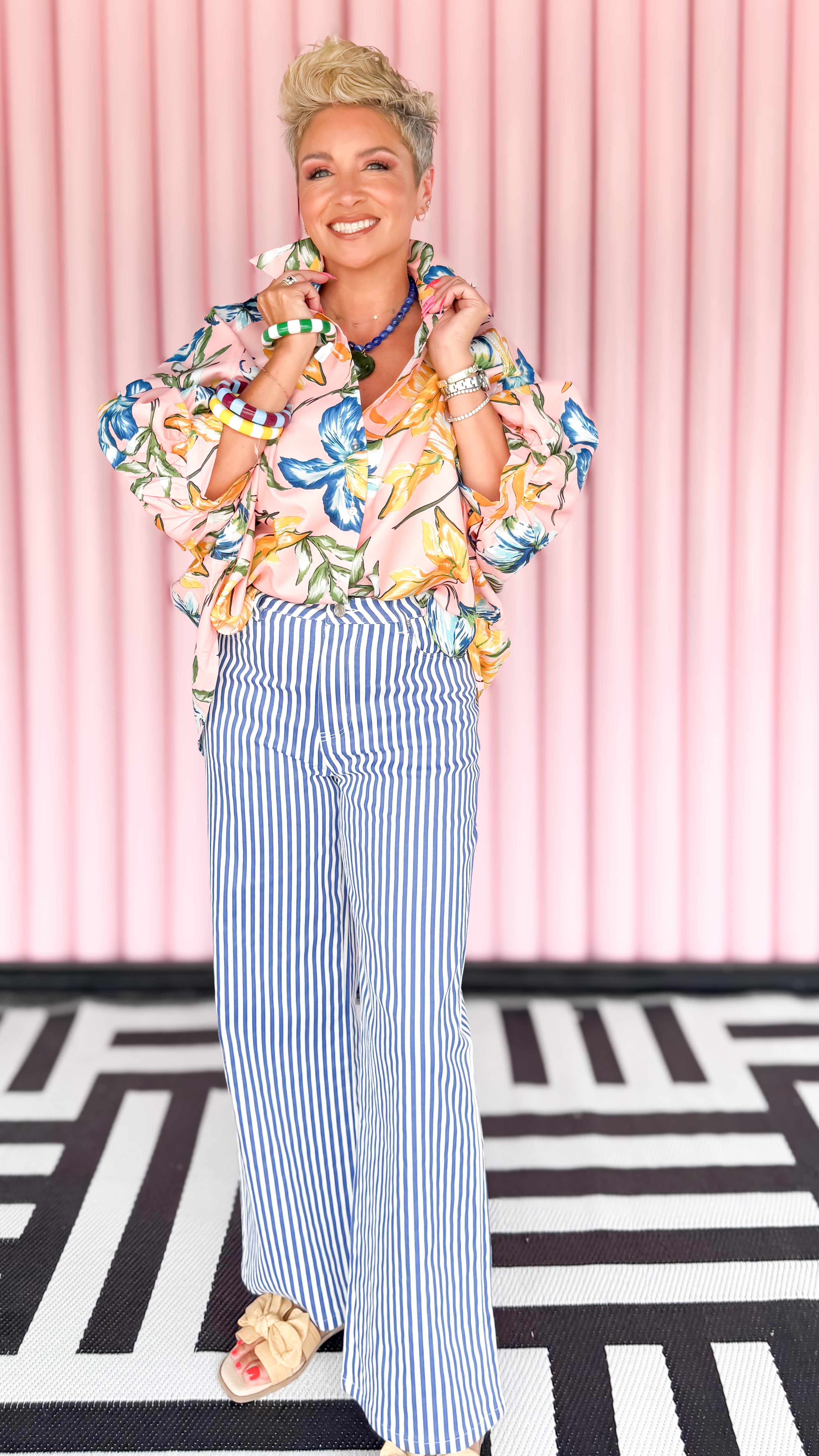 Striped Wide Leg Jeans/Blue