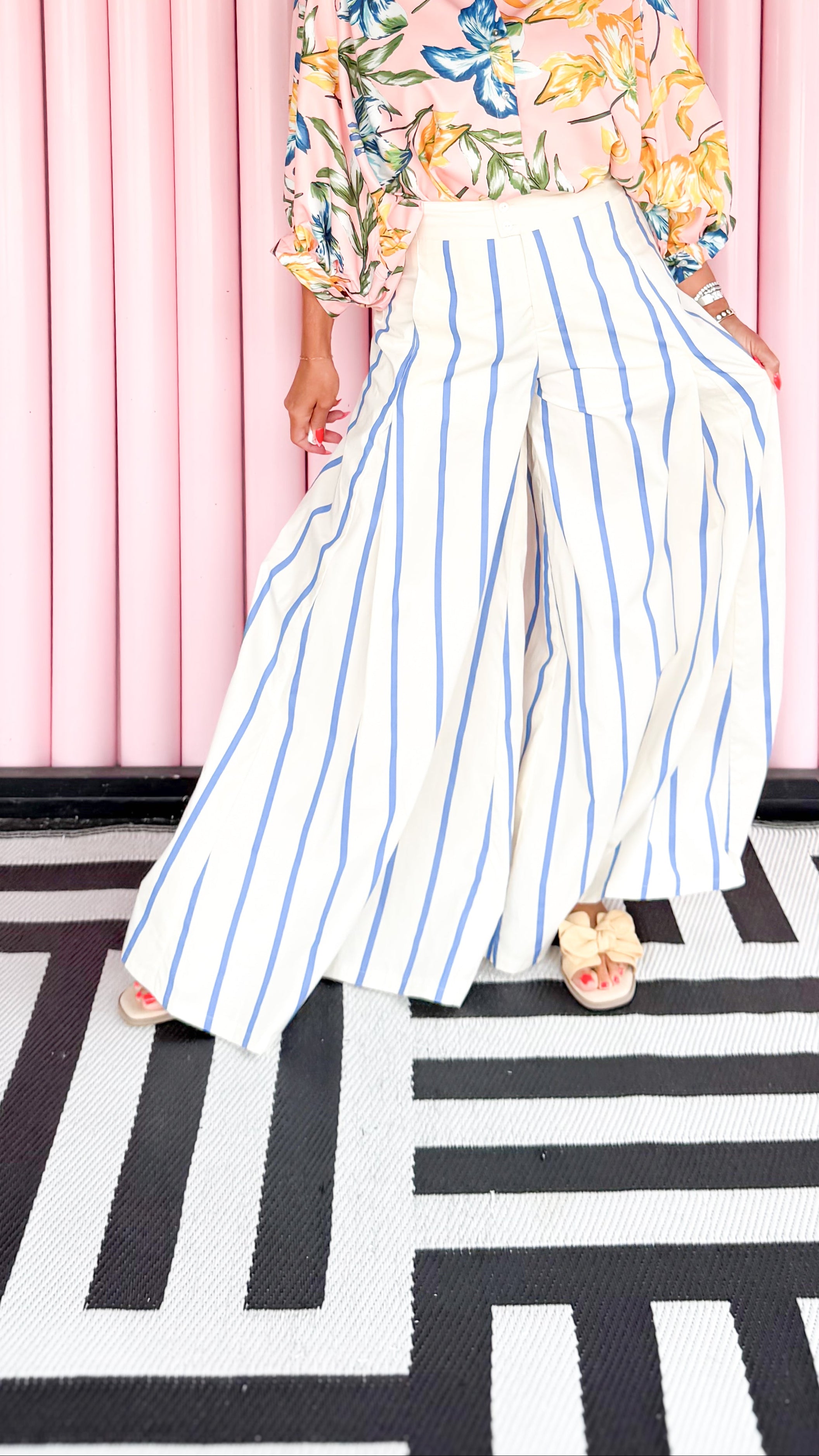 High Waist Striped Wide Leg Pant/Blue