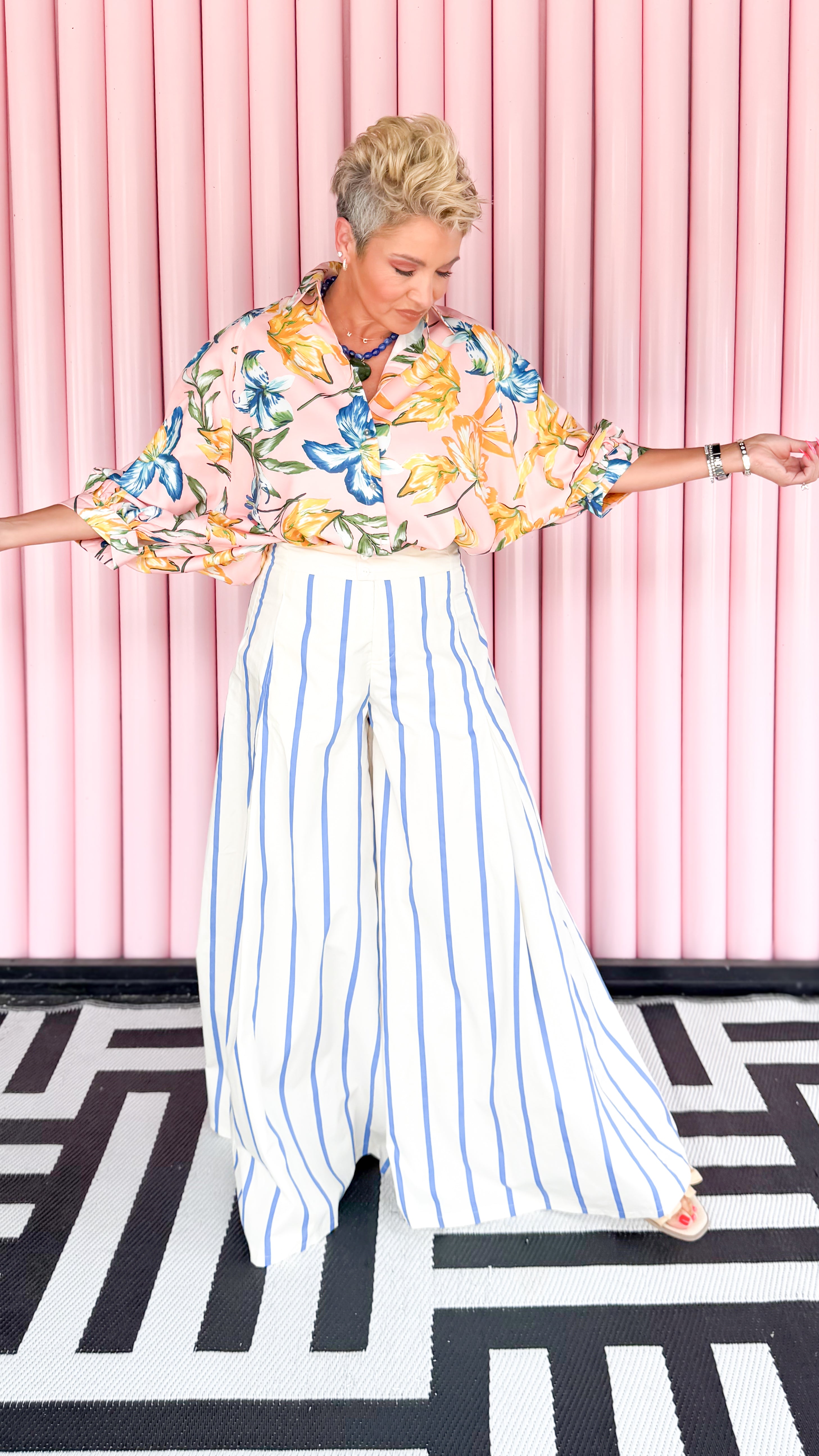 High Waist Striped Wide Leg Pant/Blue