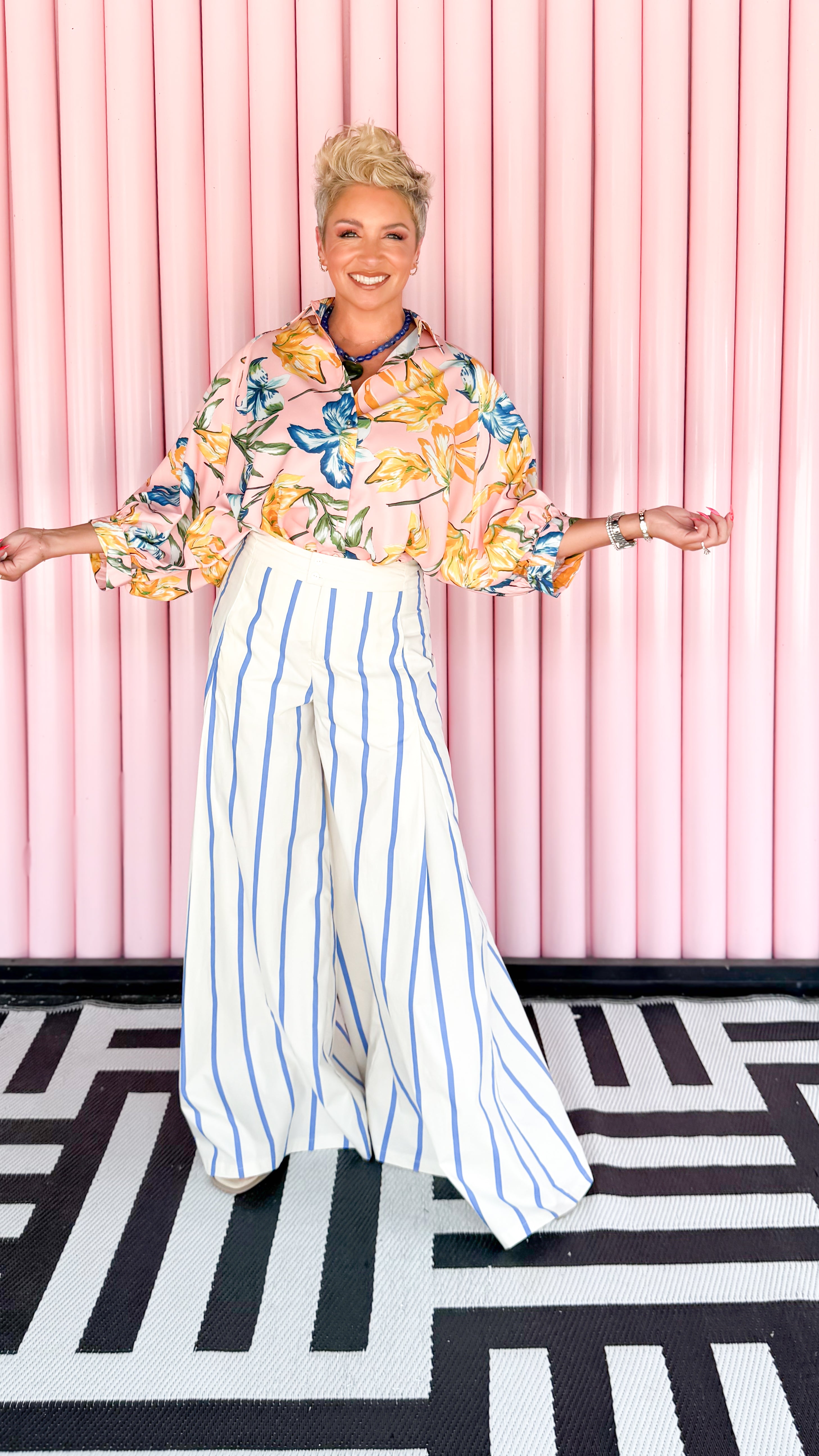 High Waist Striped Wide Leg Pant/Blue