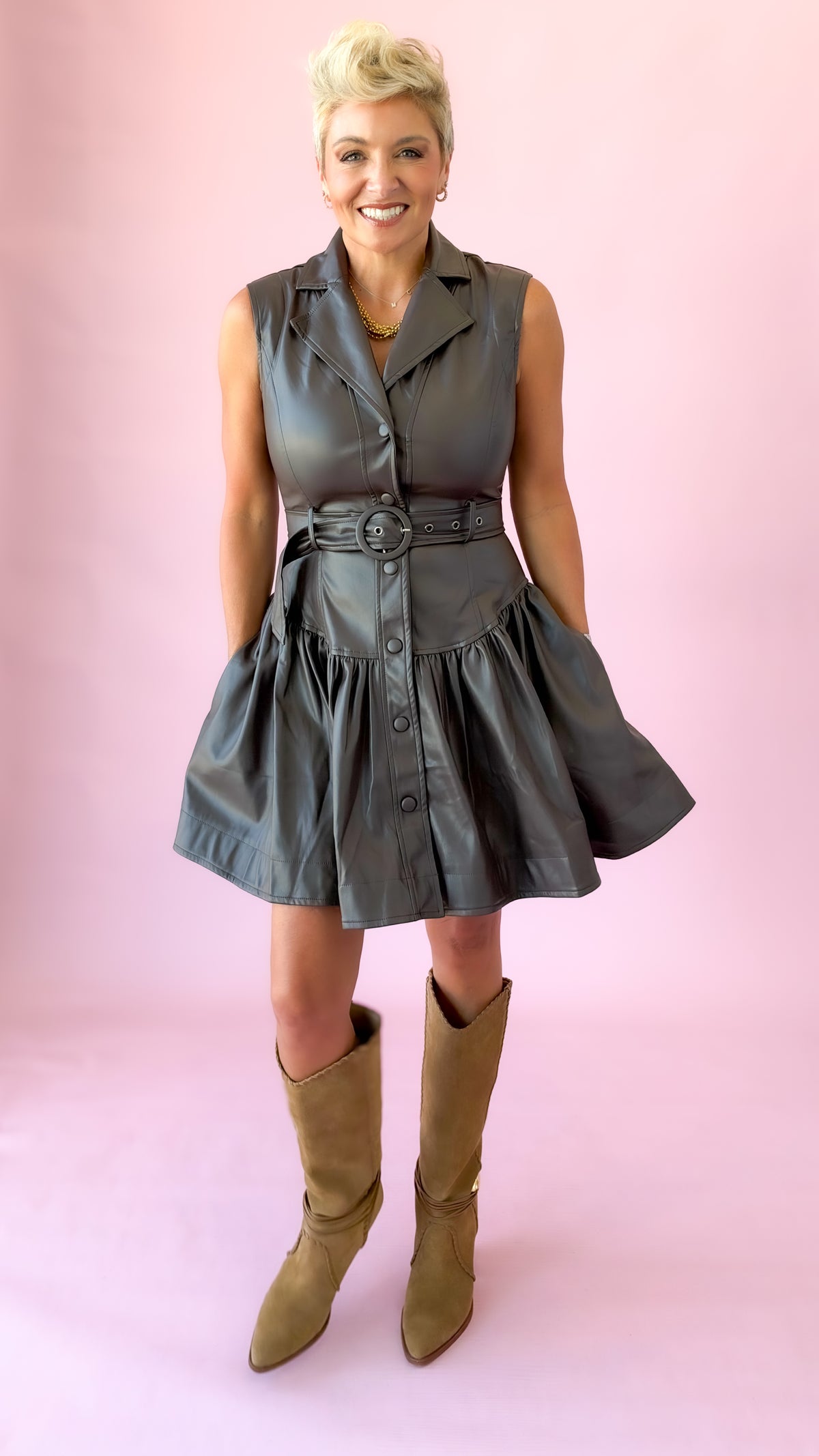 Brown faux leather belted dress with button front and full skirt