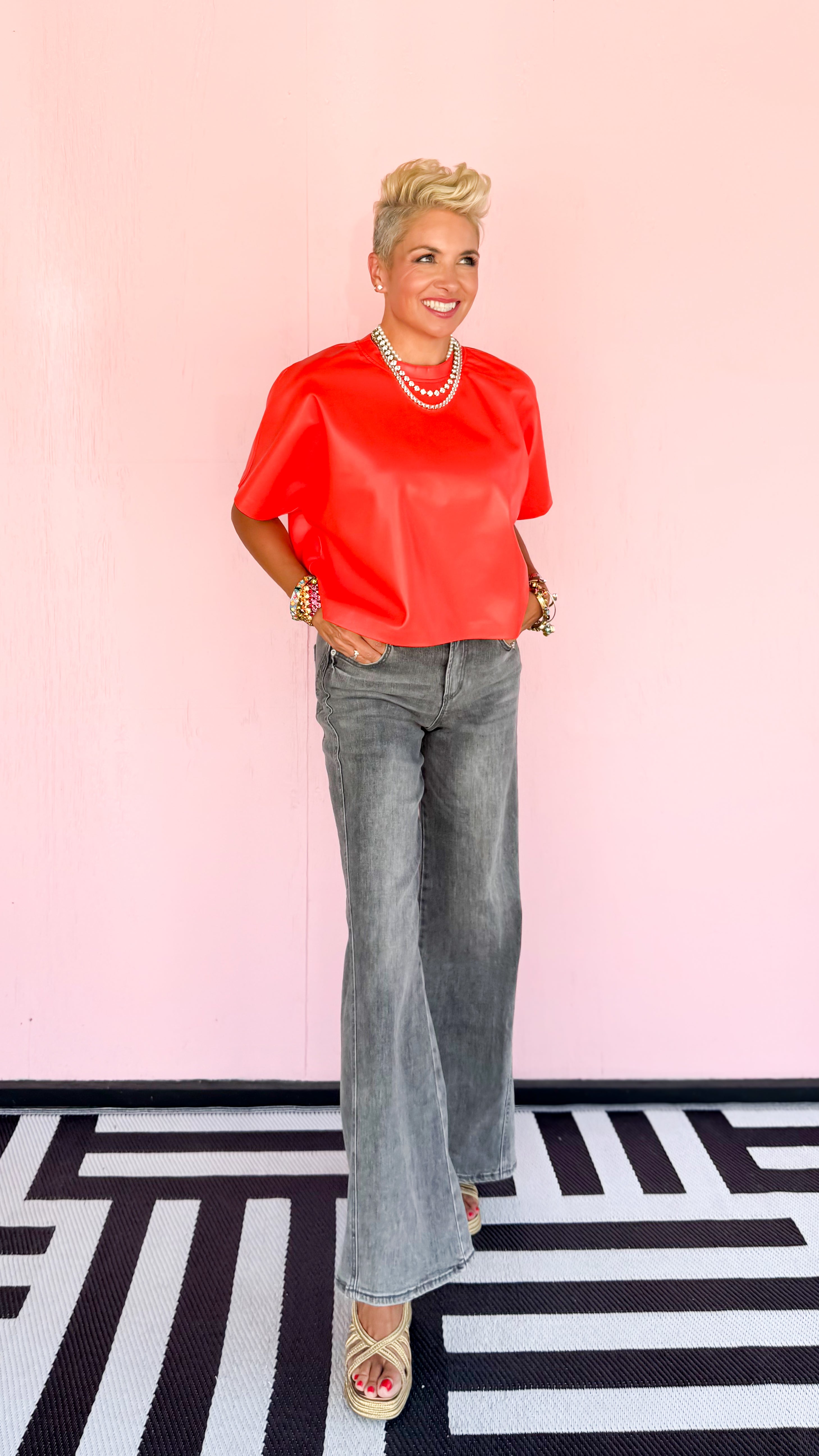 Faux Leather T-Shirt/Orange-Red