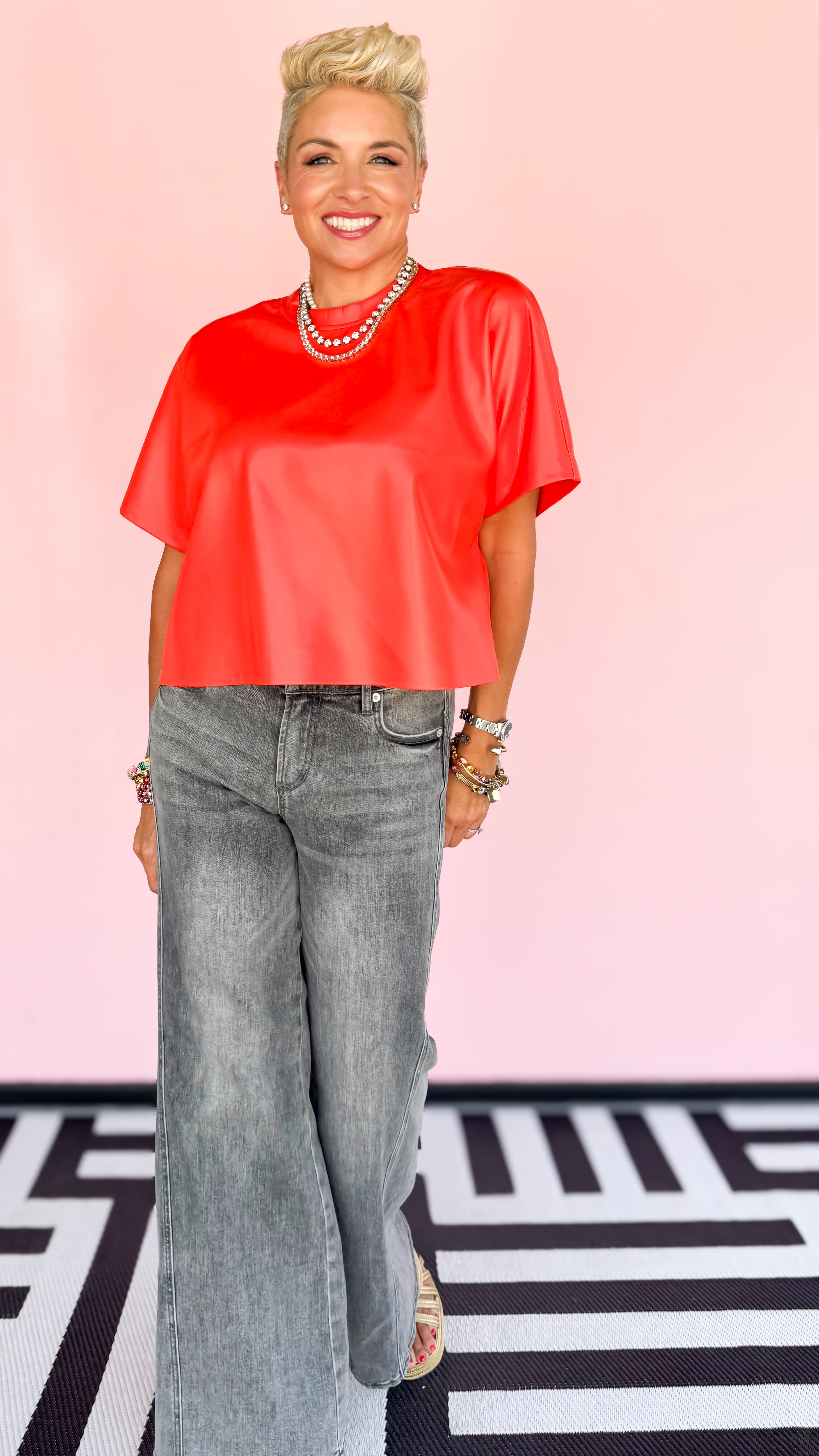 Faux Leather T-Shirt/Orange-Red