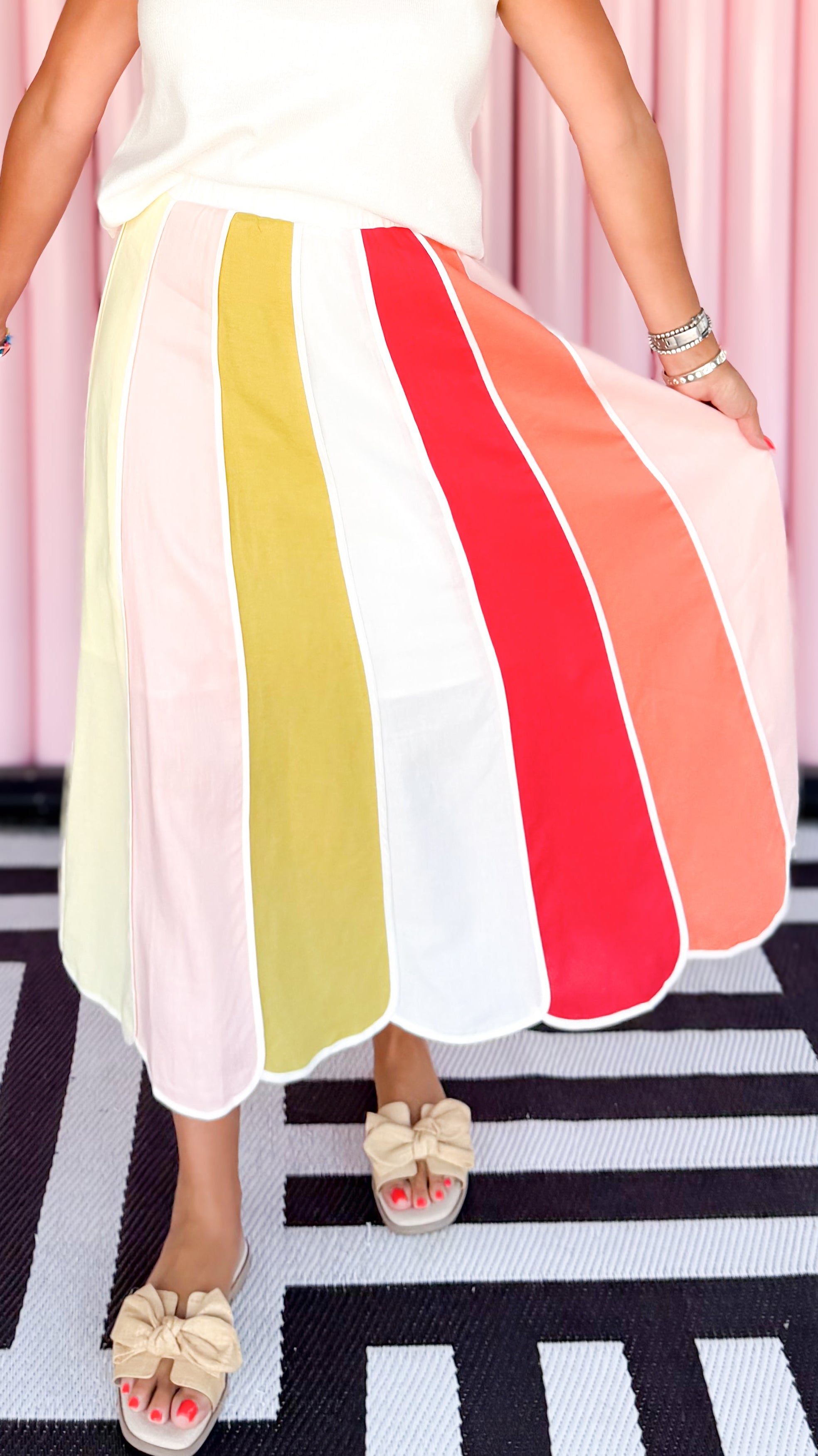 Linen Striped Midi Skirt