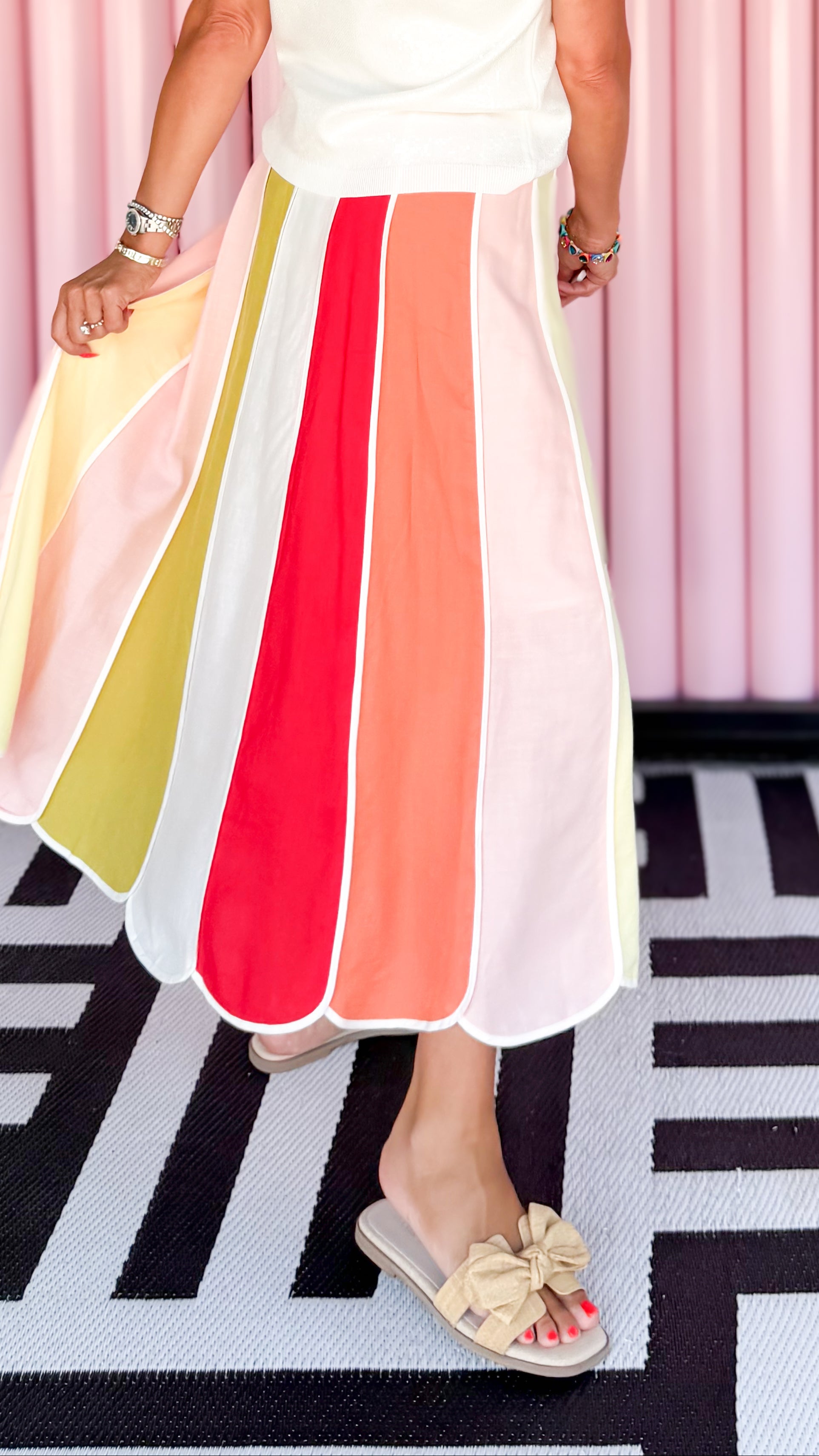 Linen Striped Midi Skirt