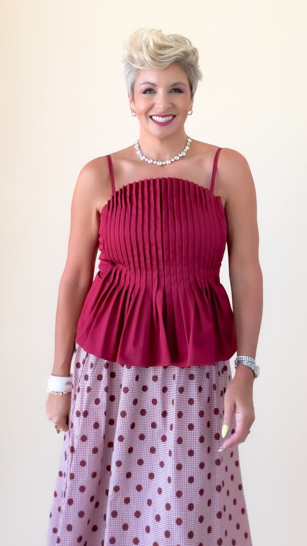 Pleated Peplum Top/Merlot