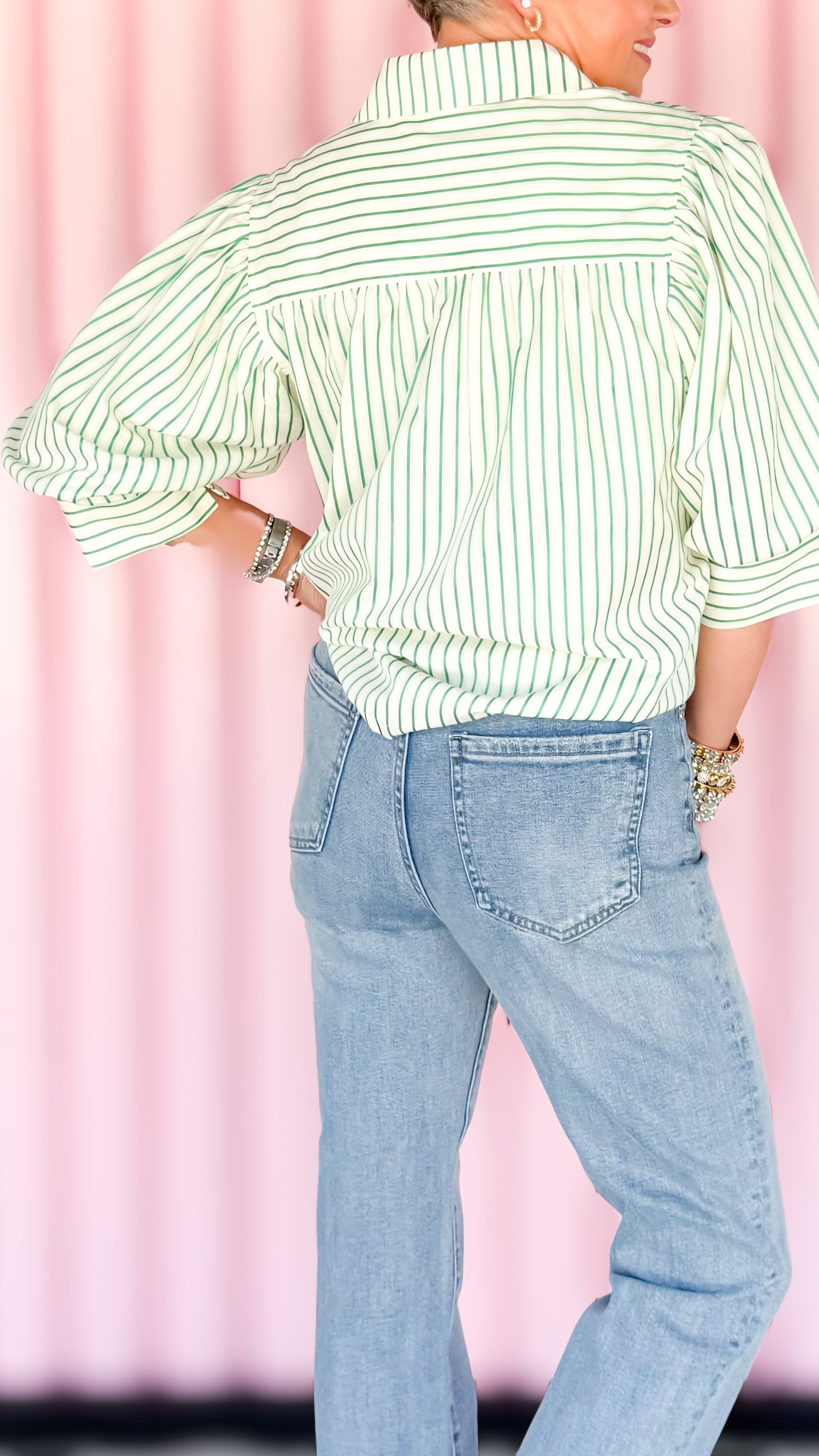 Green Stripe Puff Sleeve Top
