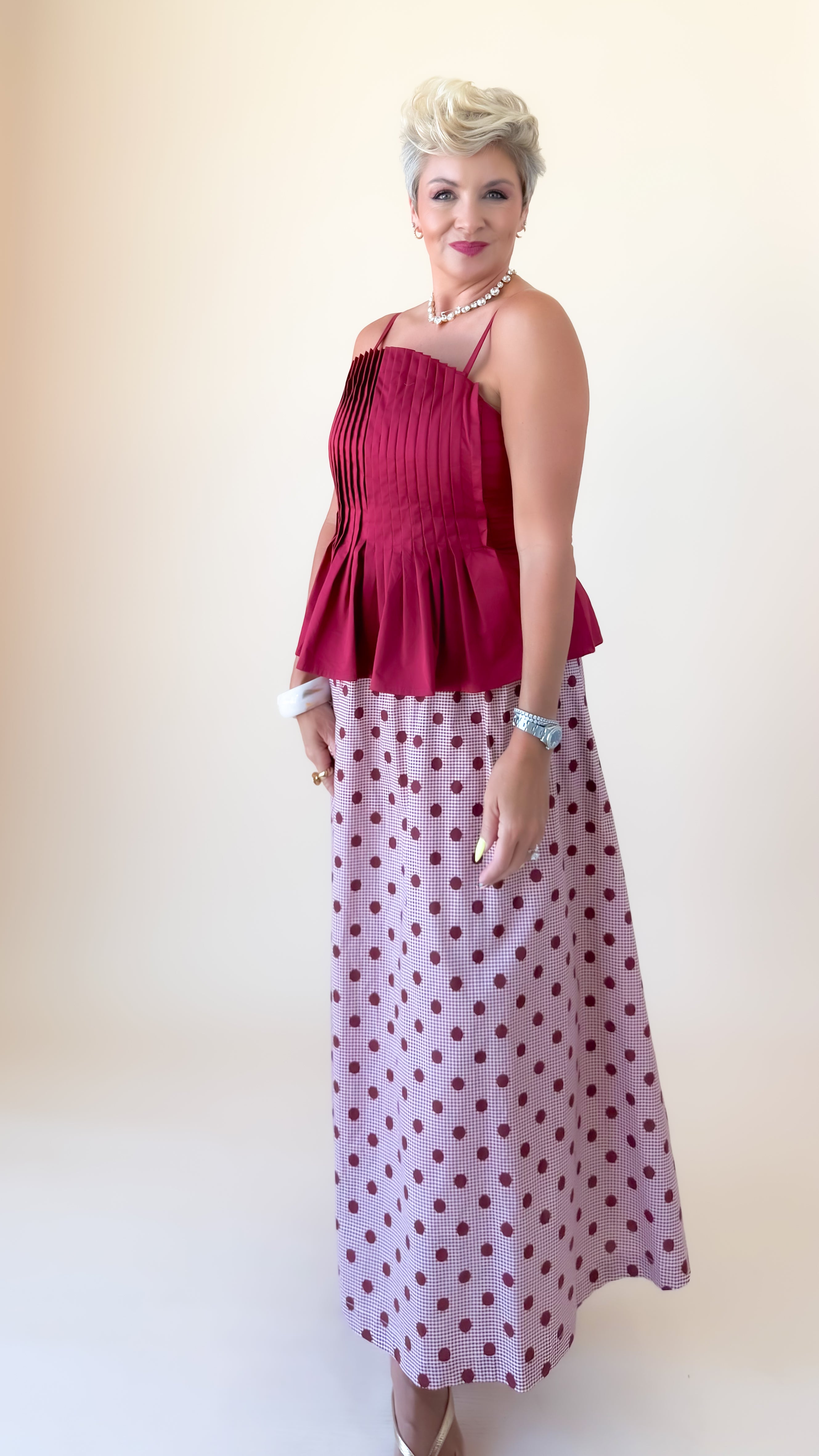 Pleated Peplum Top/Merlot