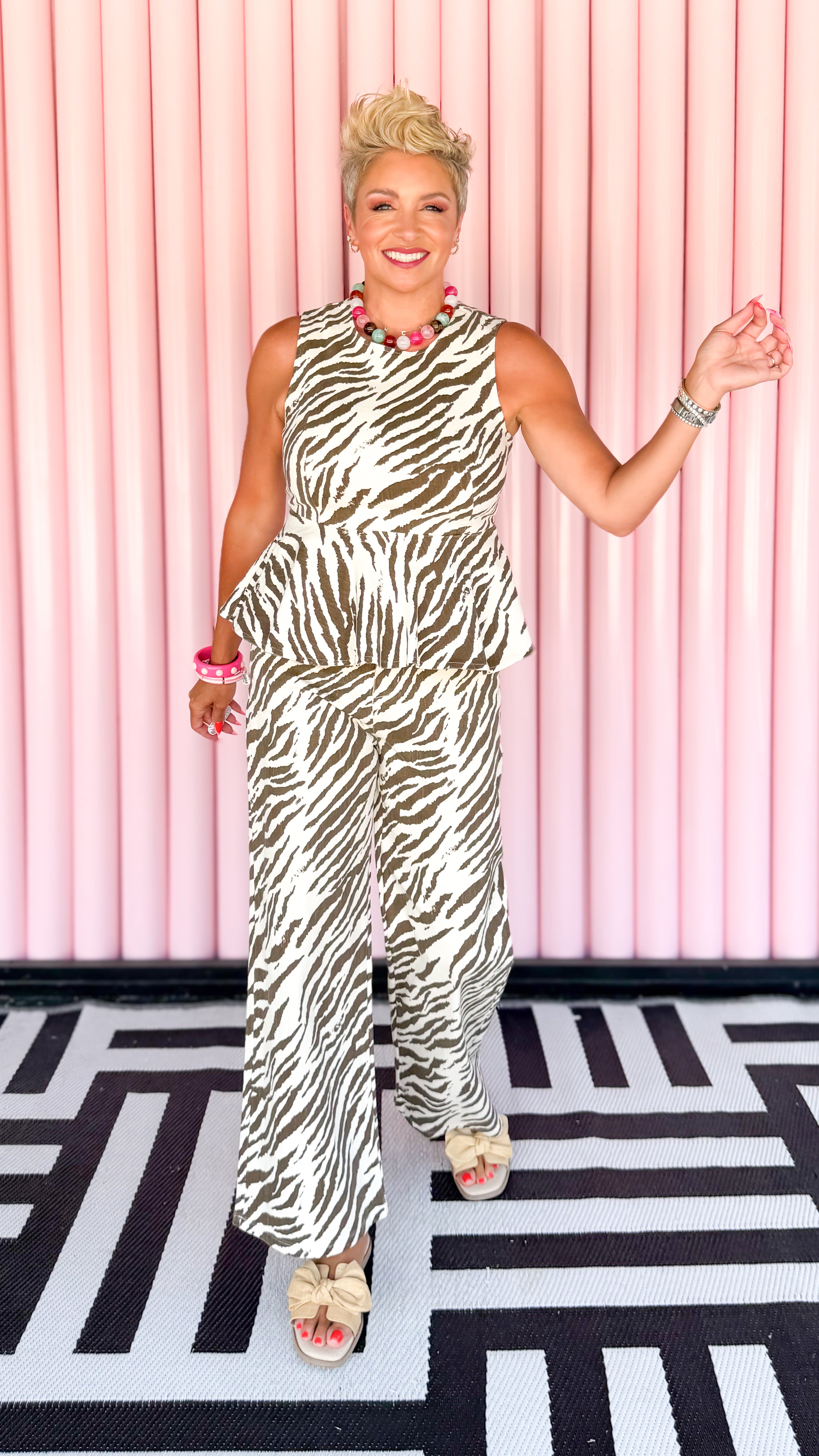 Zebra Peplum Top/Ecru