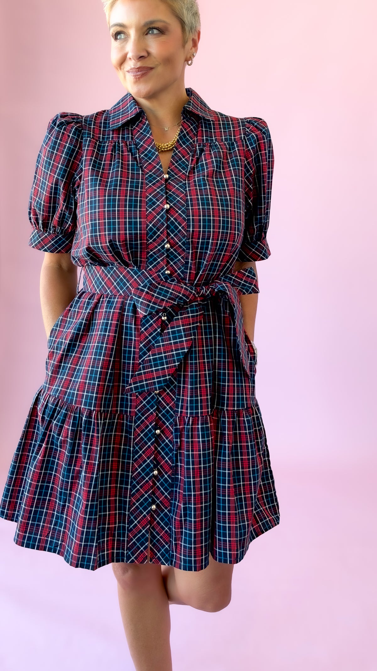 Navy plaid Angelica mini dress with collar, button front and puff sleeves