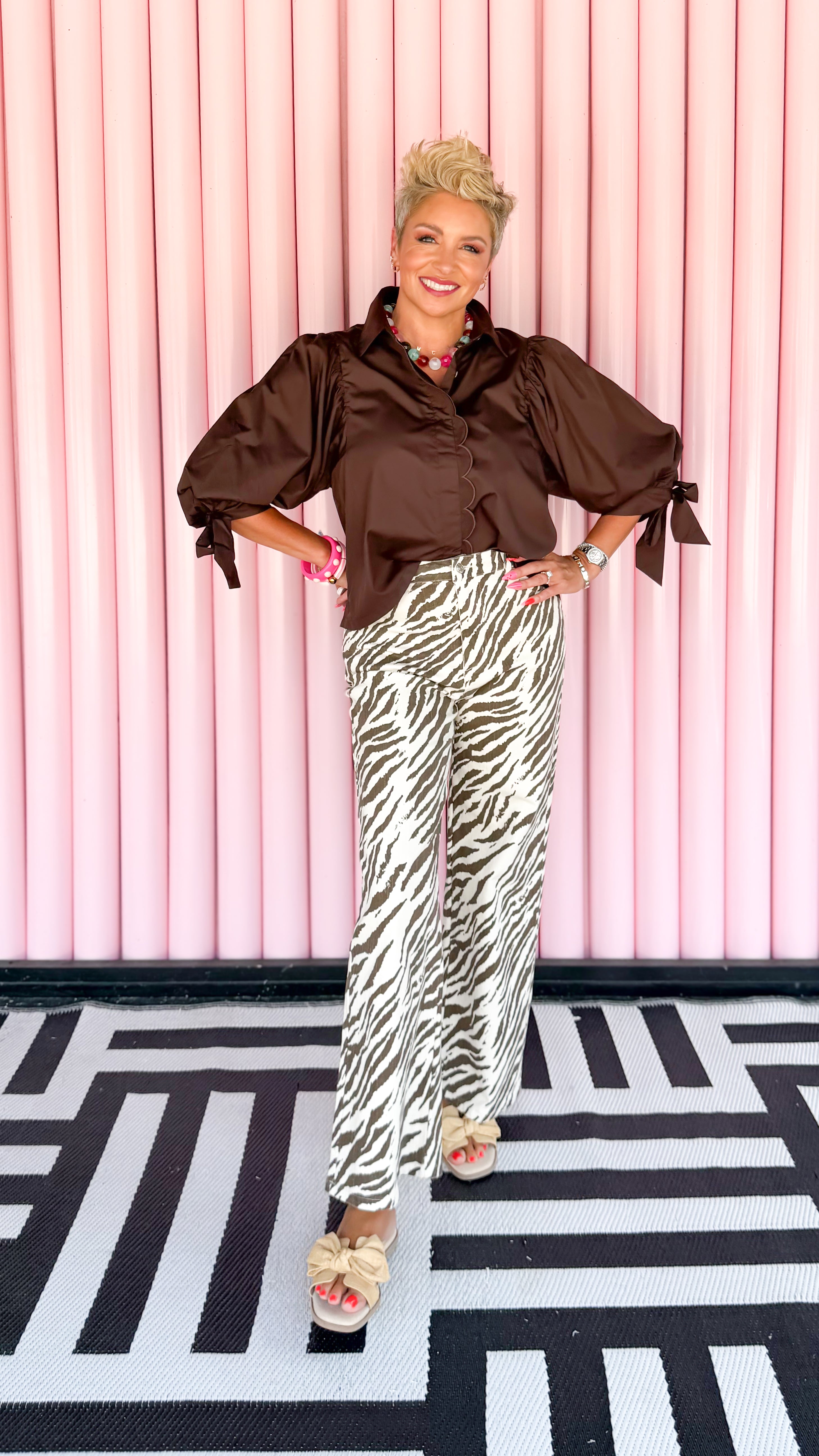 Zebra Print Wide Leg Pants/Ecru