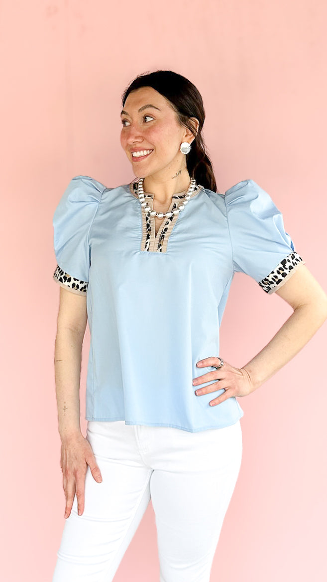 Heidi Leopard Trim Top/Blue