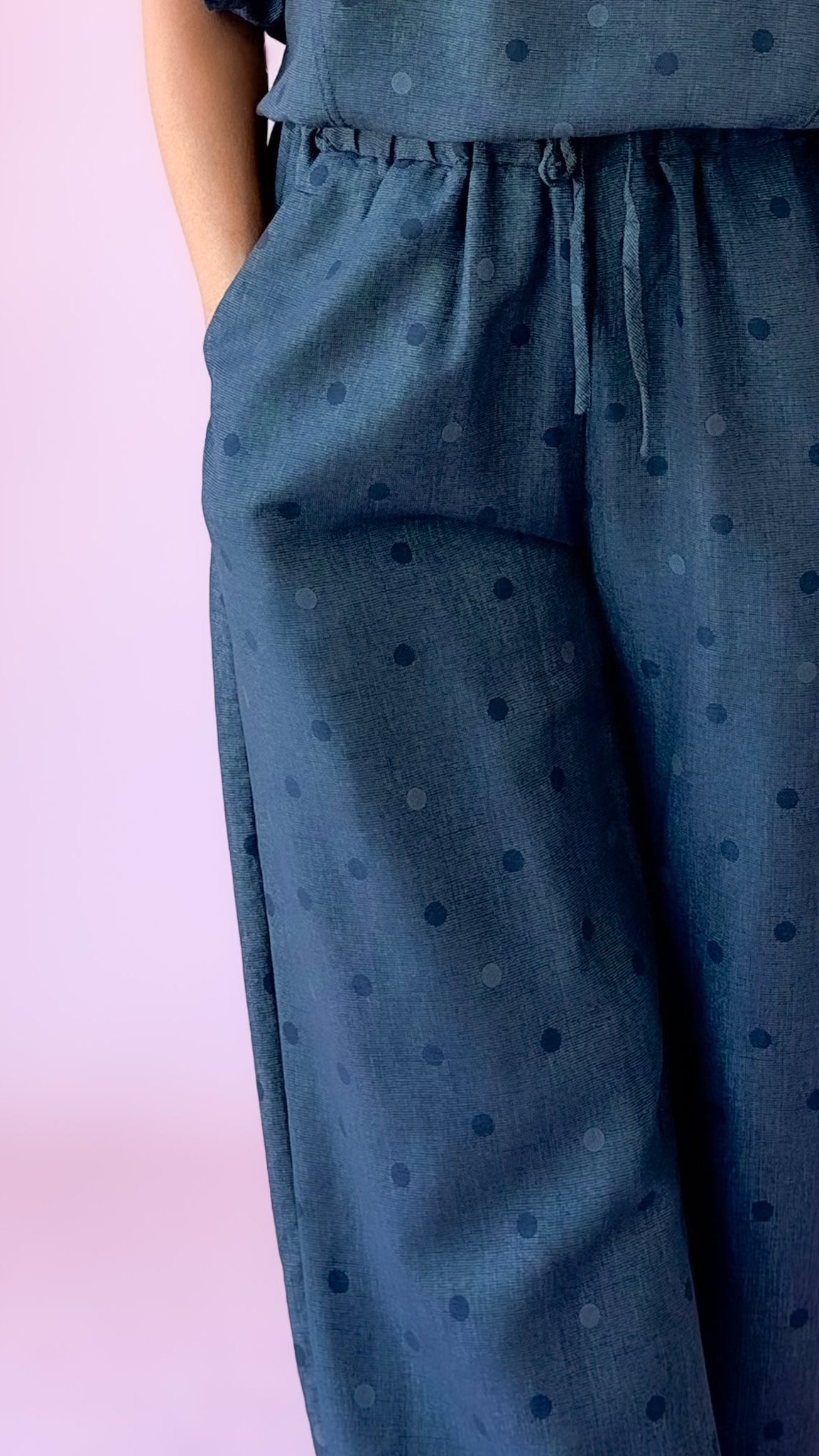 Close-up of the pocket and dot pattern on indigo wide-leg pants