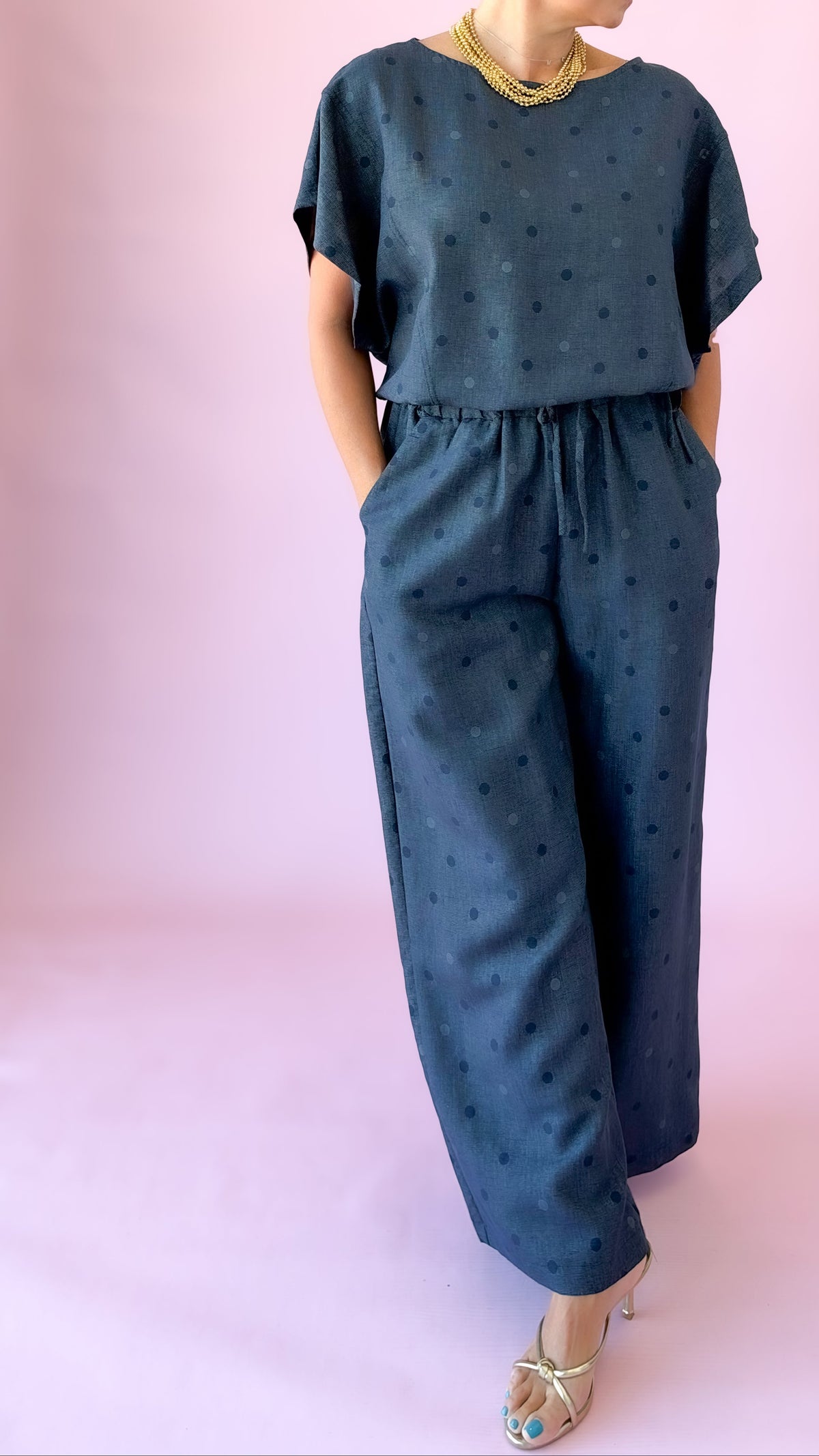 Indigo polka dot wide-leg pants with matching short sleeve top