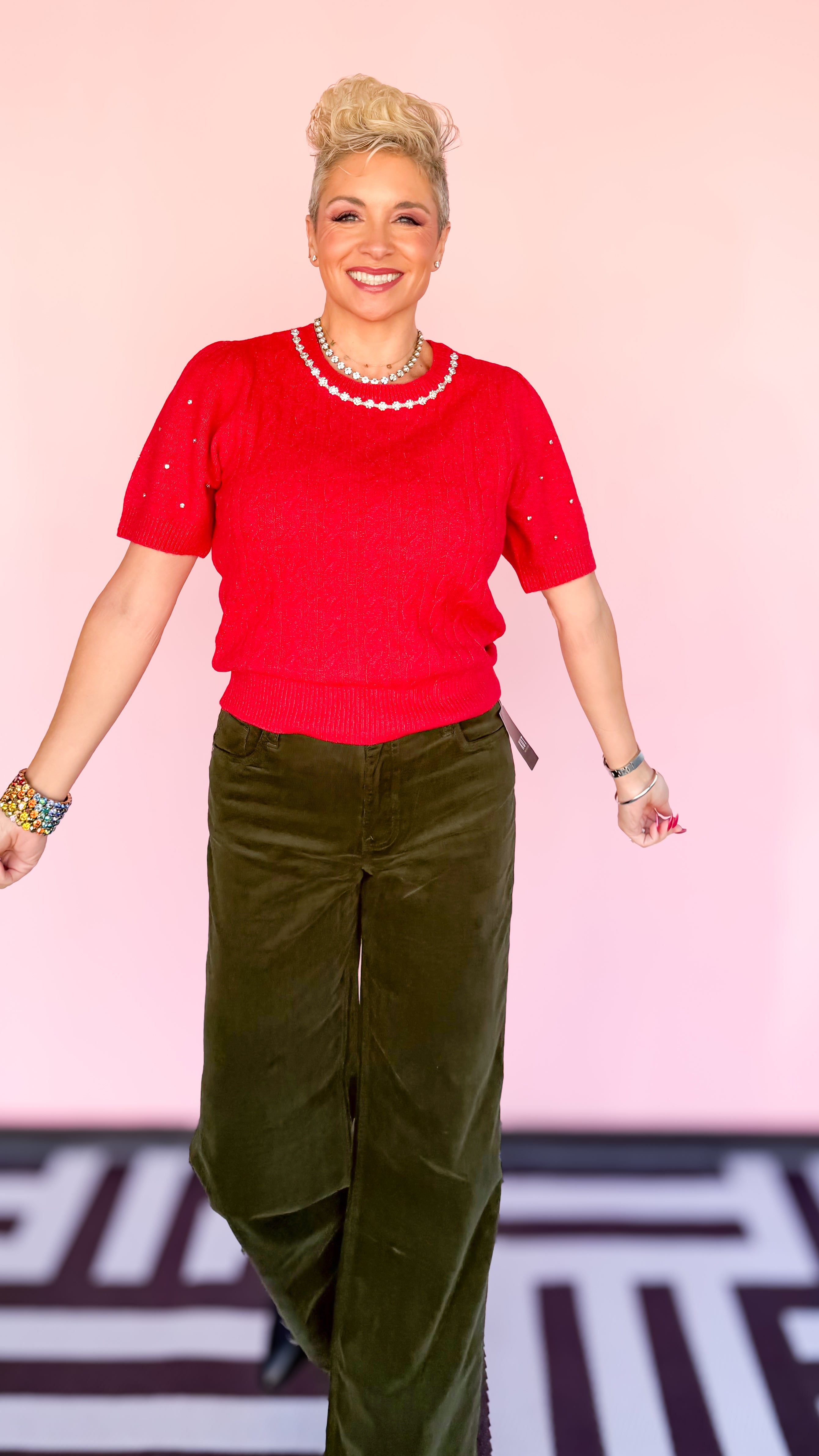 Red Cable Sweater w/ Jeweled Neckline