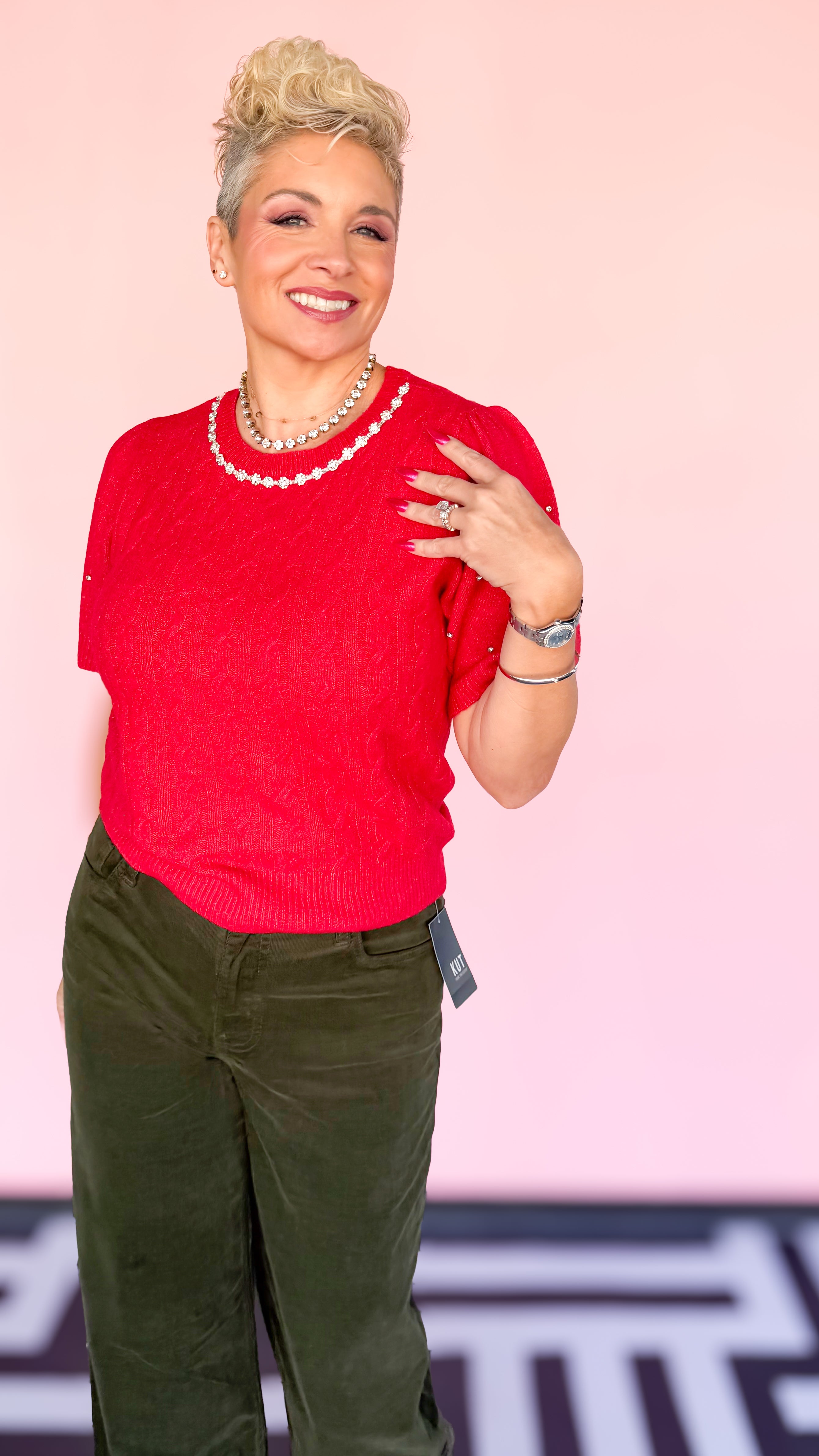 Red Cable Sweater w/ Jeweled Neckline