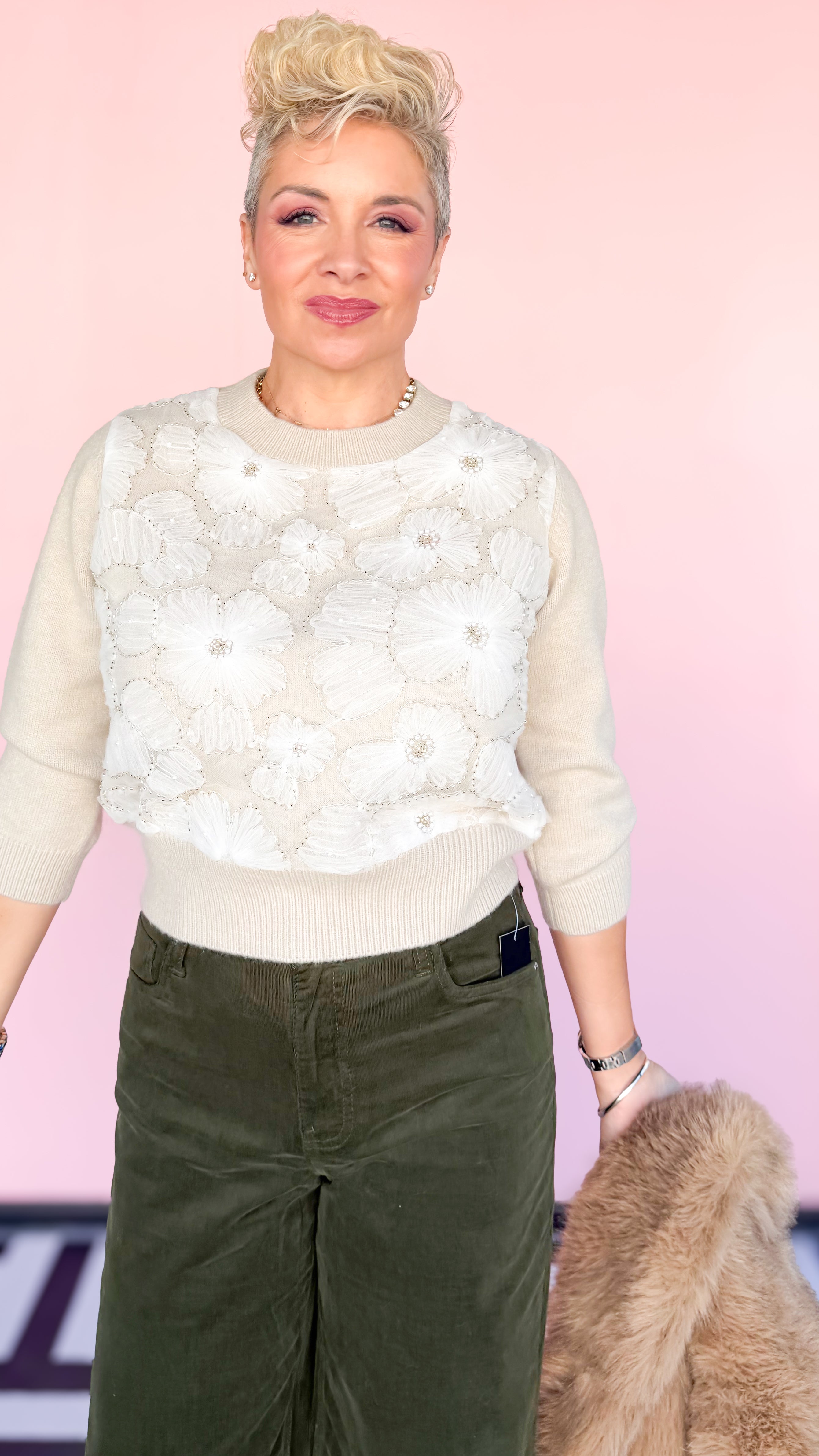 Tulle Flower 3/4 Sleeve Sweater