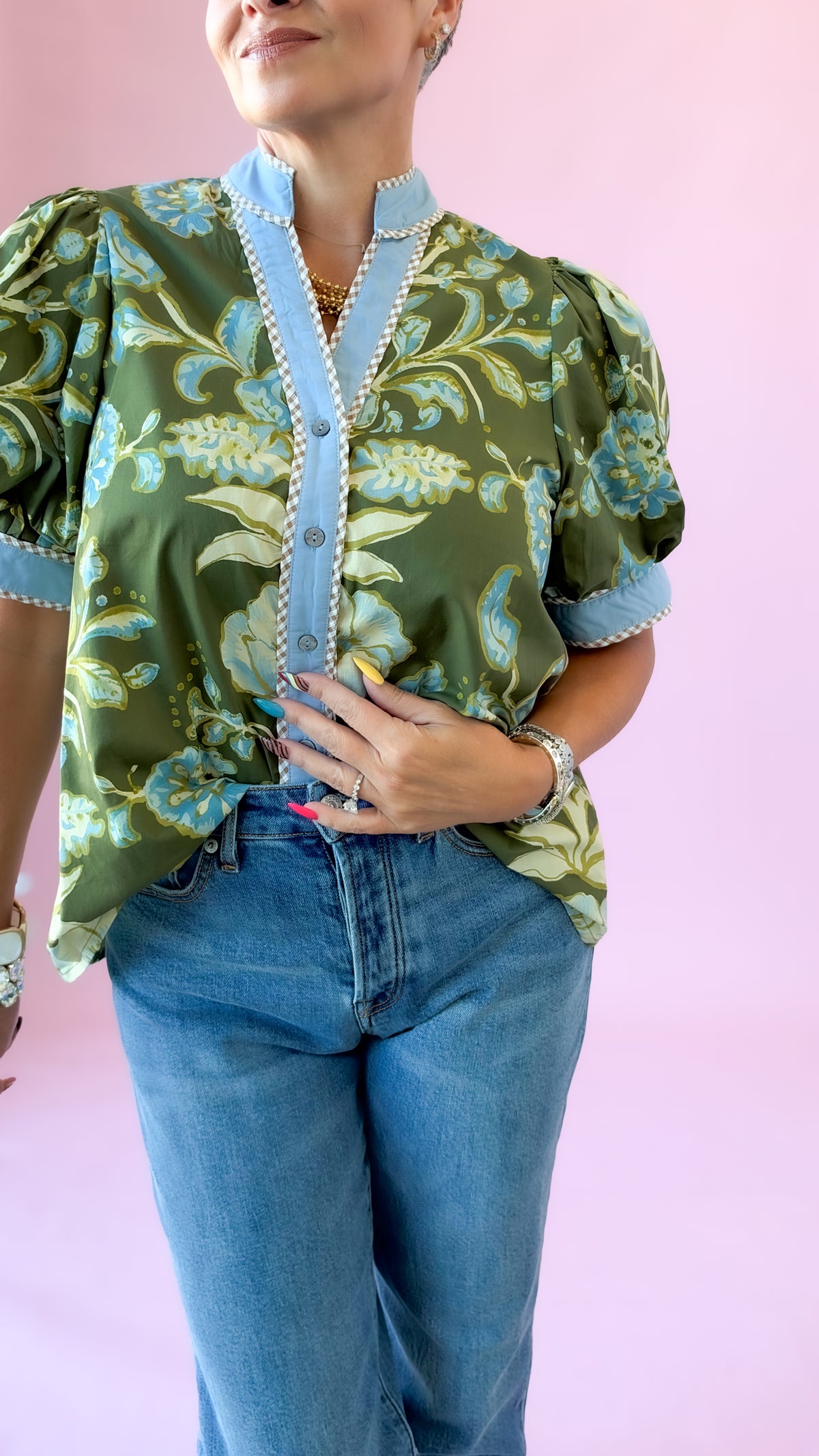 Green floral Jennifer puff sleeve top with chambray placket and cuffs, worn with jeans