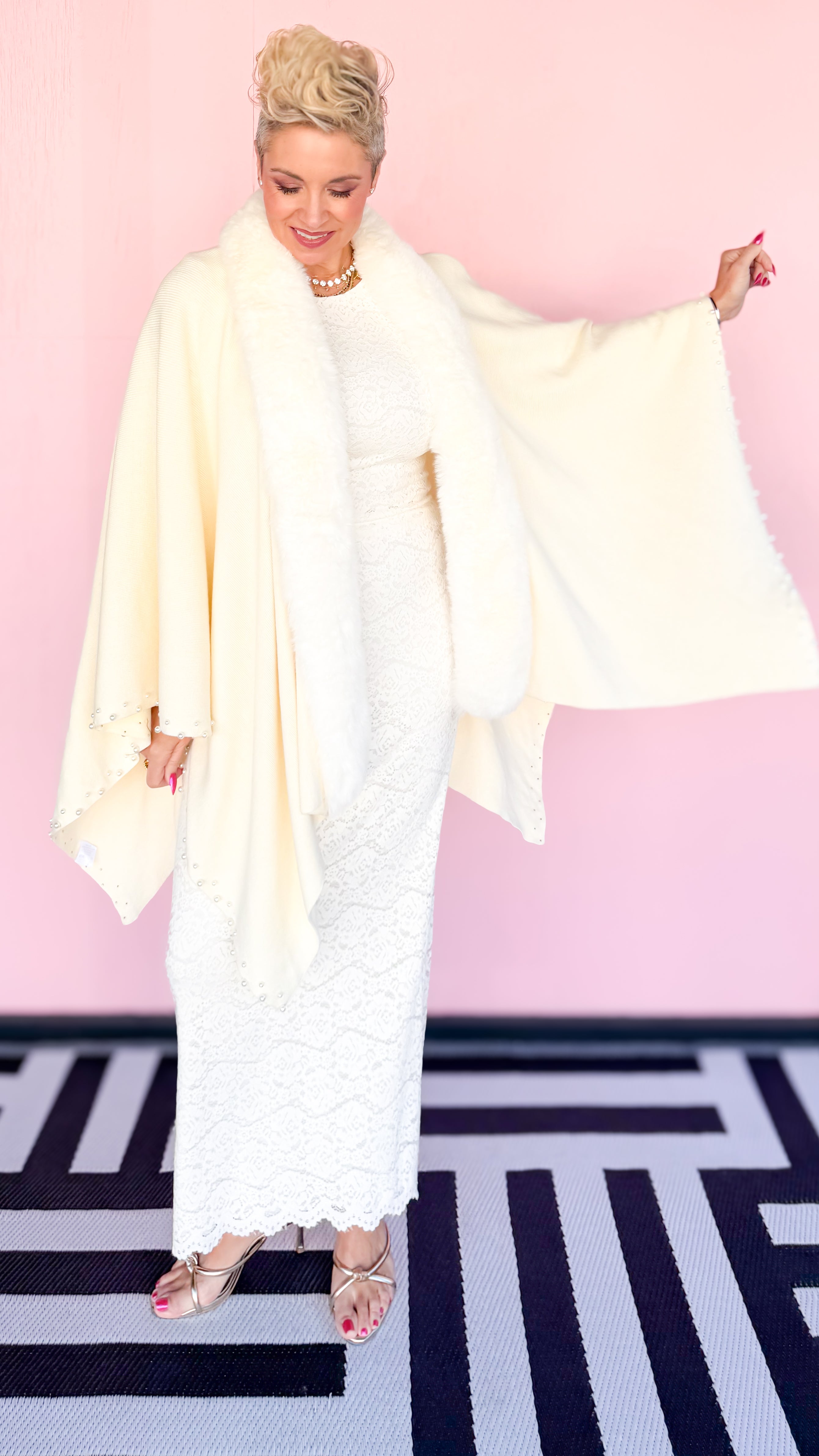 Ivory Fur Trimmed w/Pearls Cape