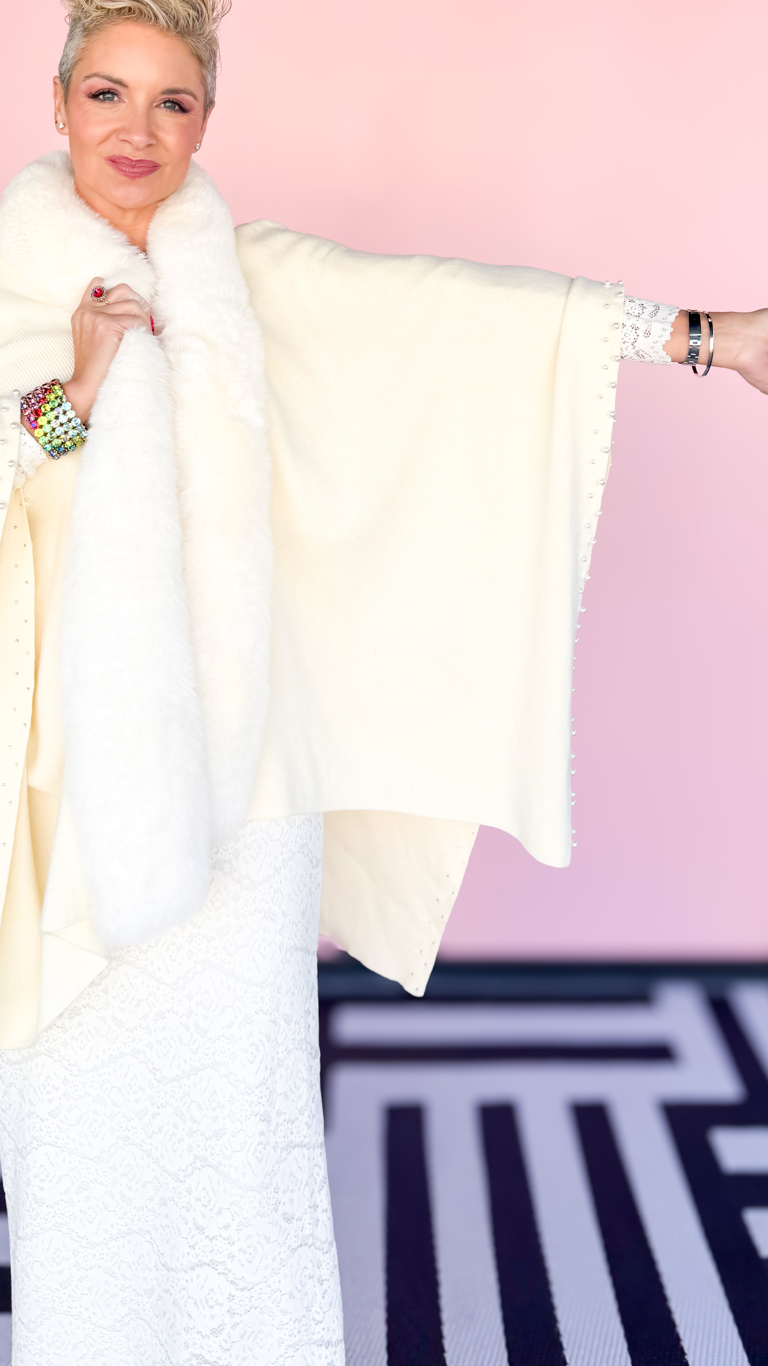 Ivory Fur Trimmed w/Pearls Cape