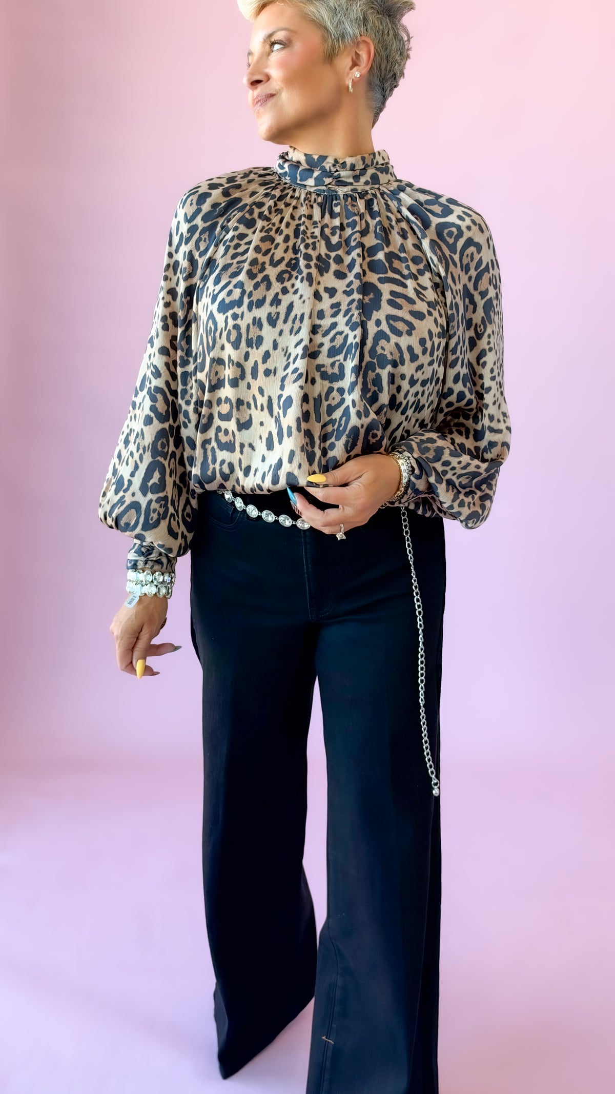 Jessie leopard print top with blouson sleeves and black wide-leg pants