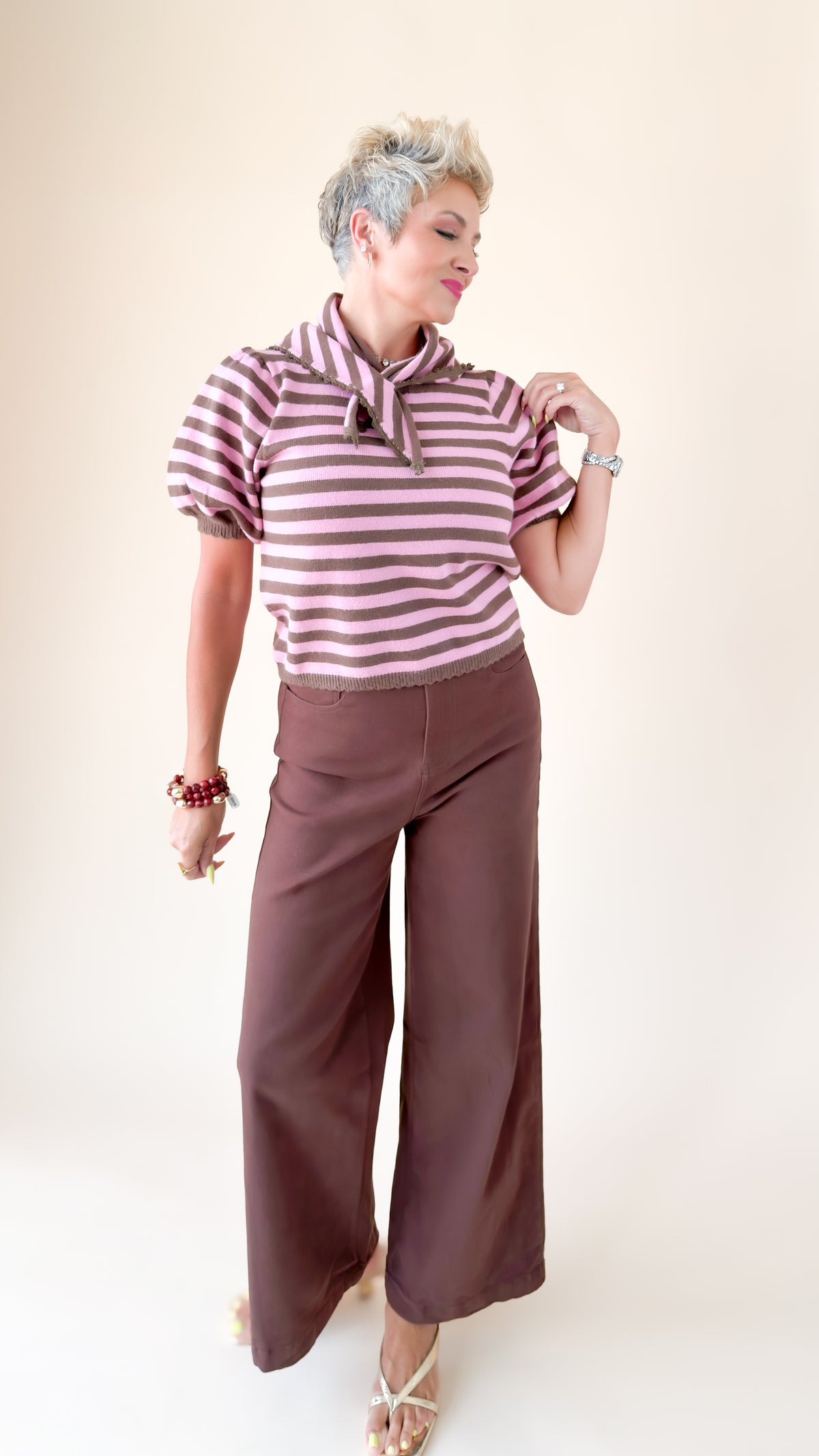 Puff Sleeve Tie Sweater/Pink