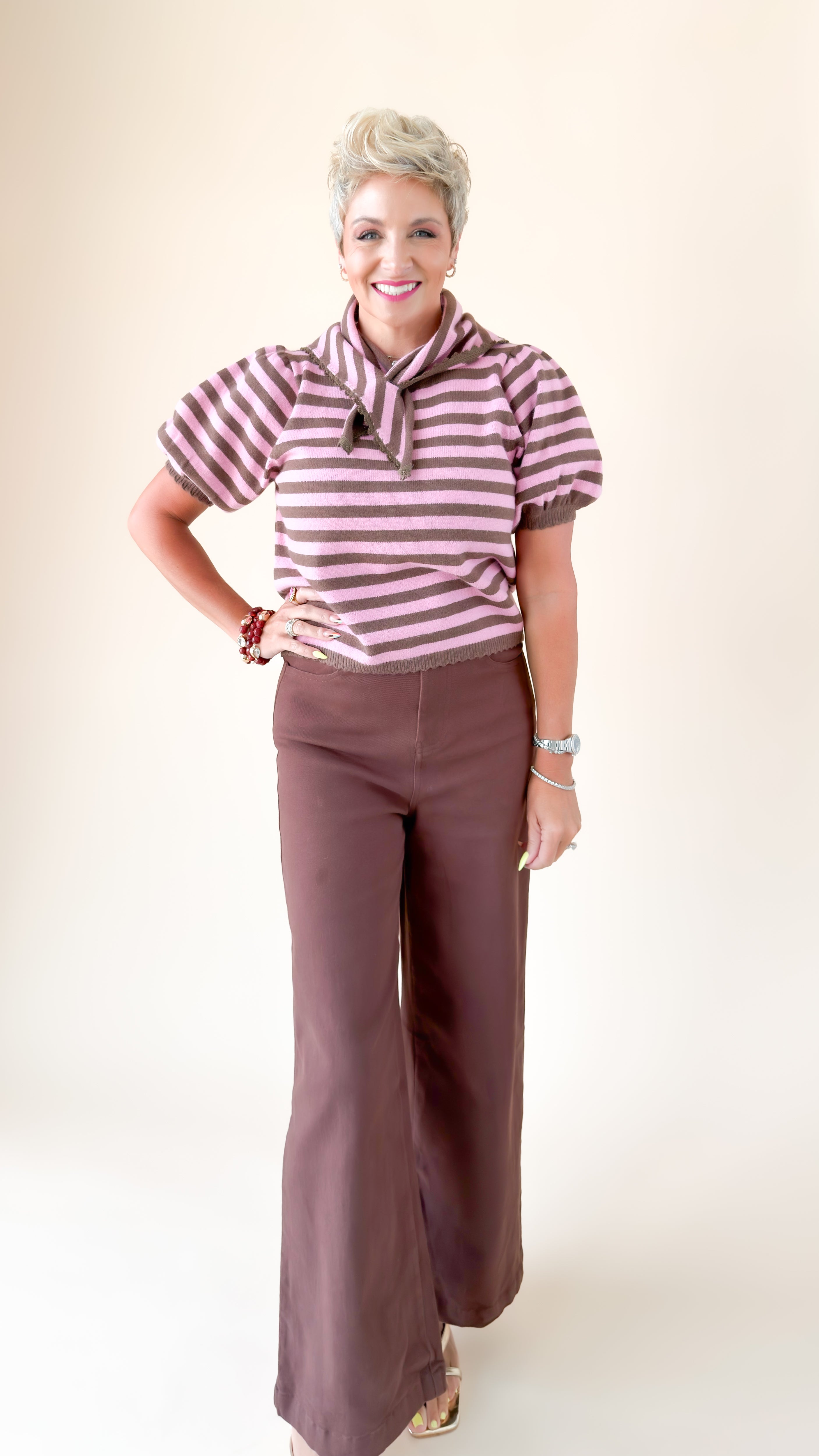 Puff Sleeve Tie Sweater/Pink