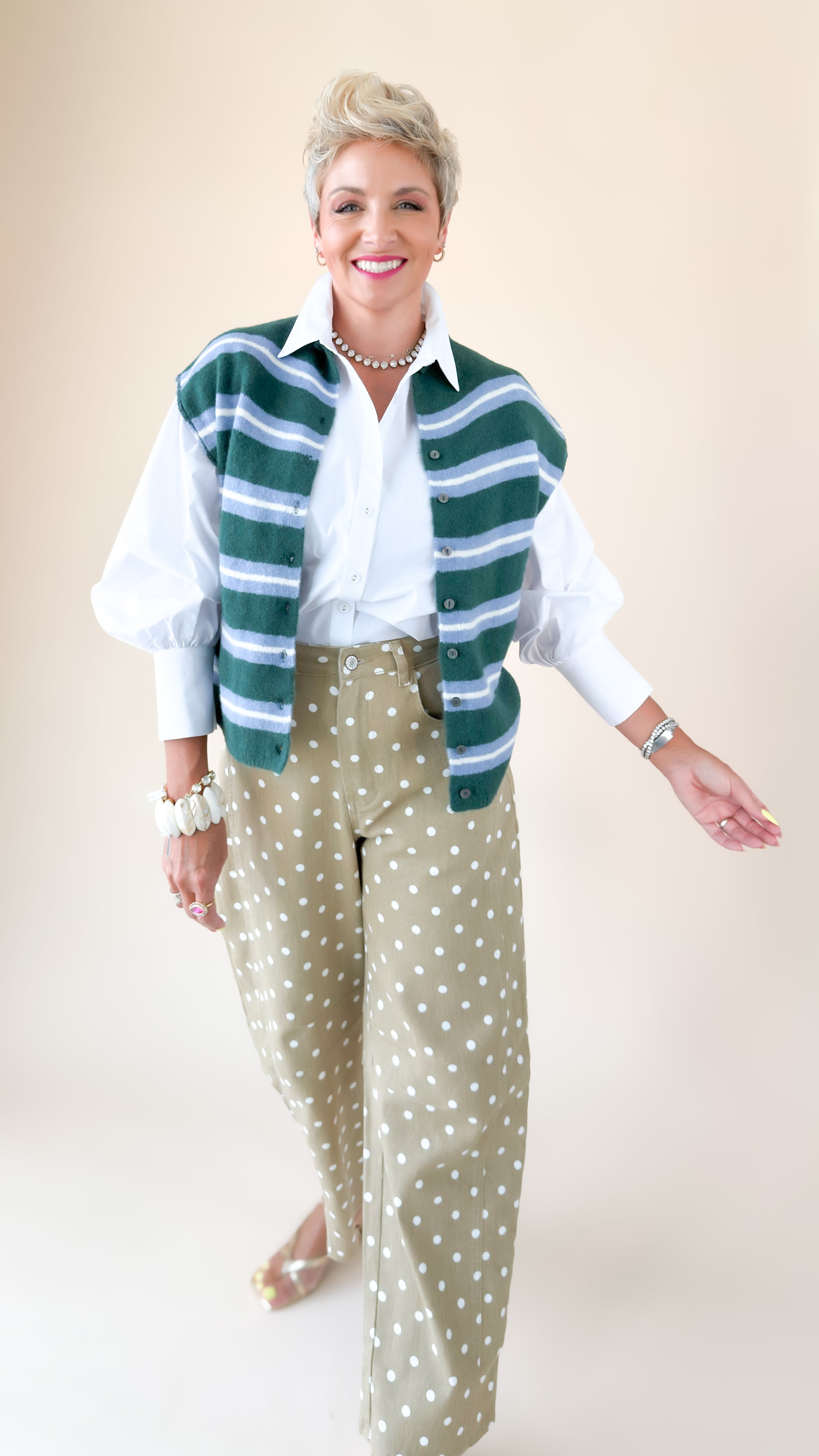 Sarah Striped Sleeveless Cardigan/Emerald