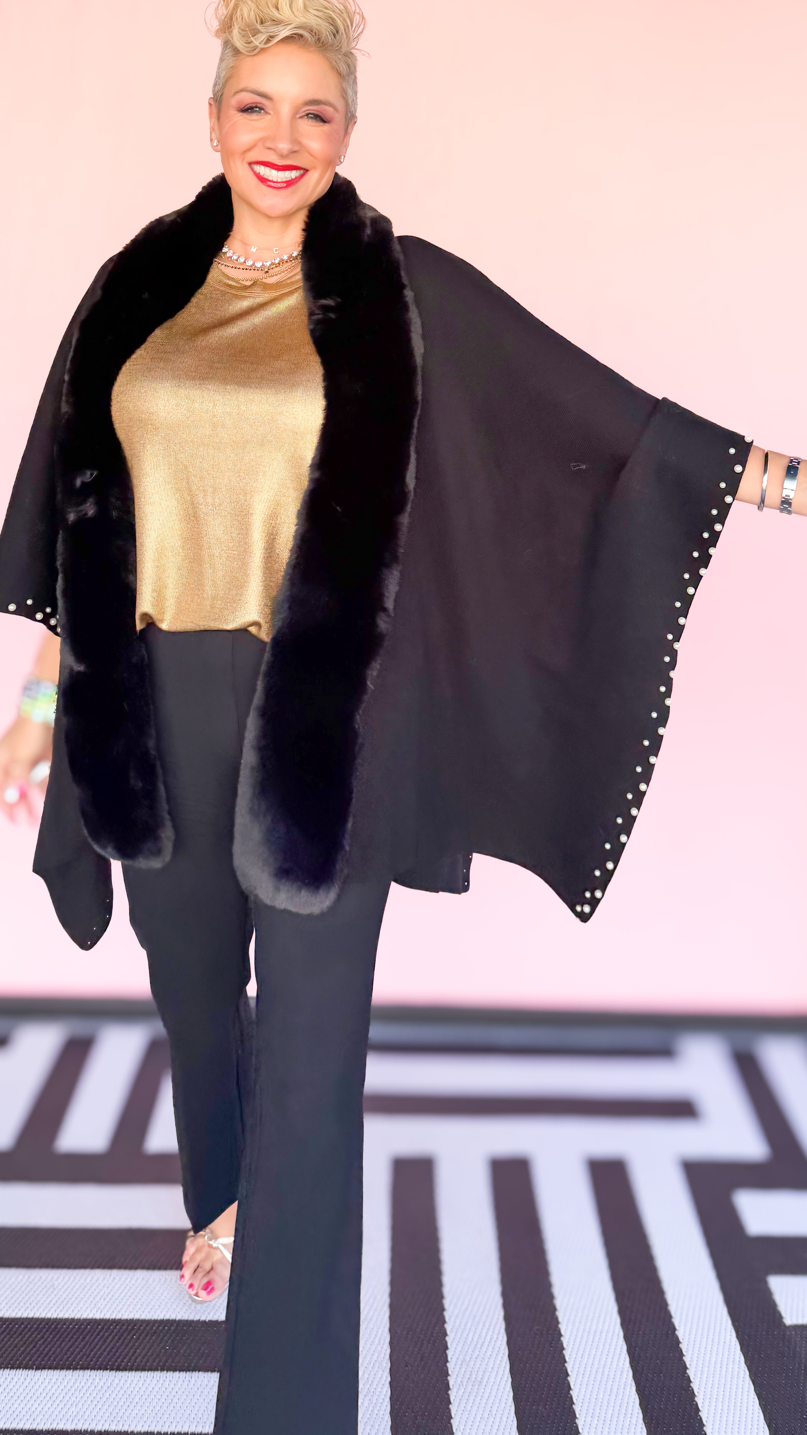 Black Fur Trimmed w/Pearls Cape