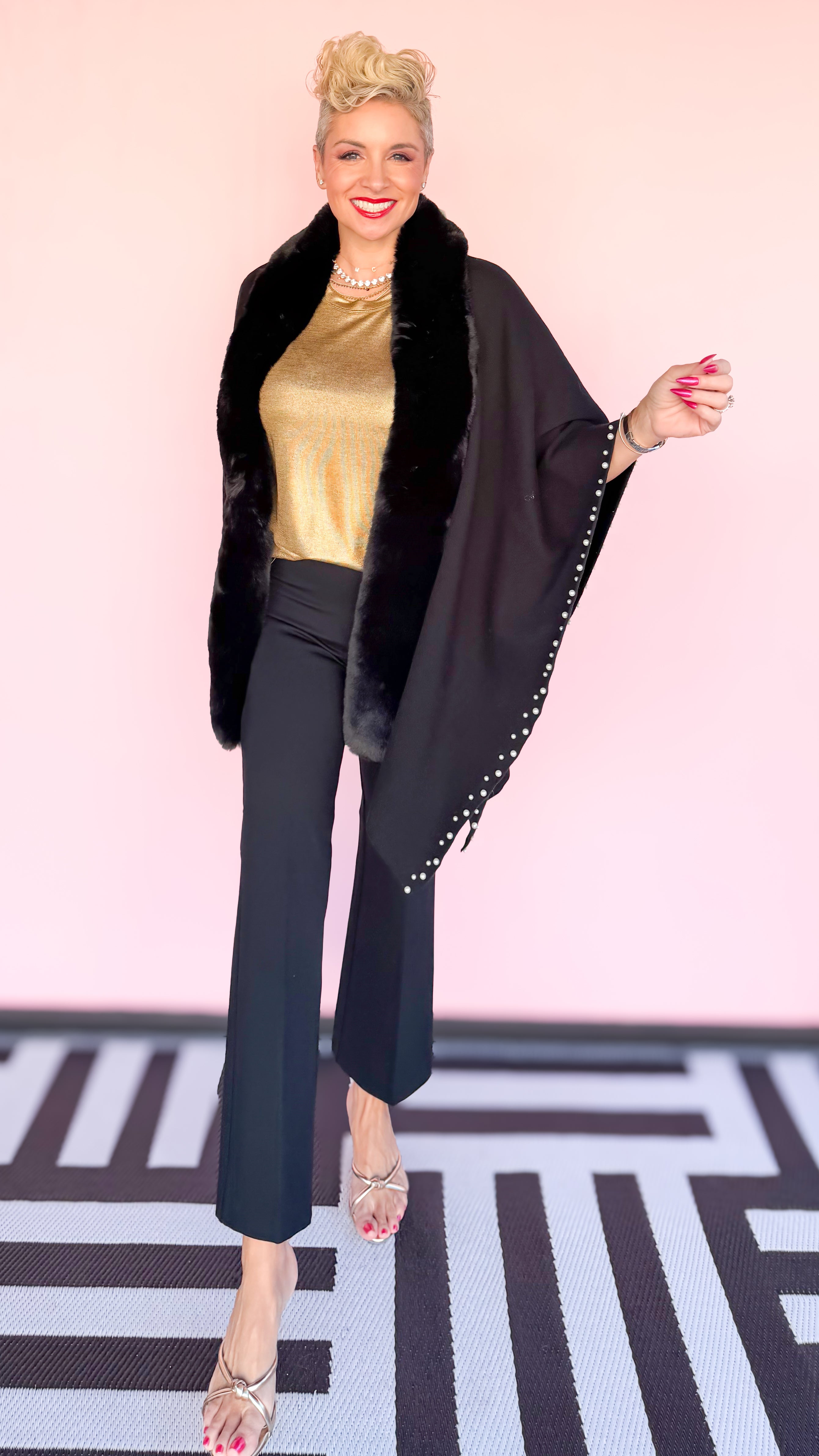 Black Fur Trimmed w/Pearls Cape