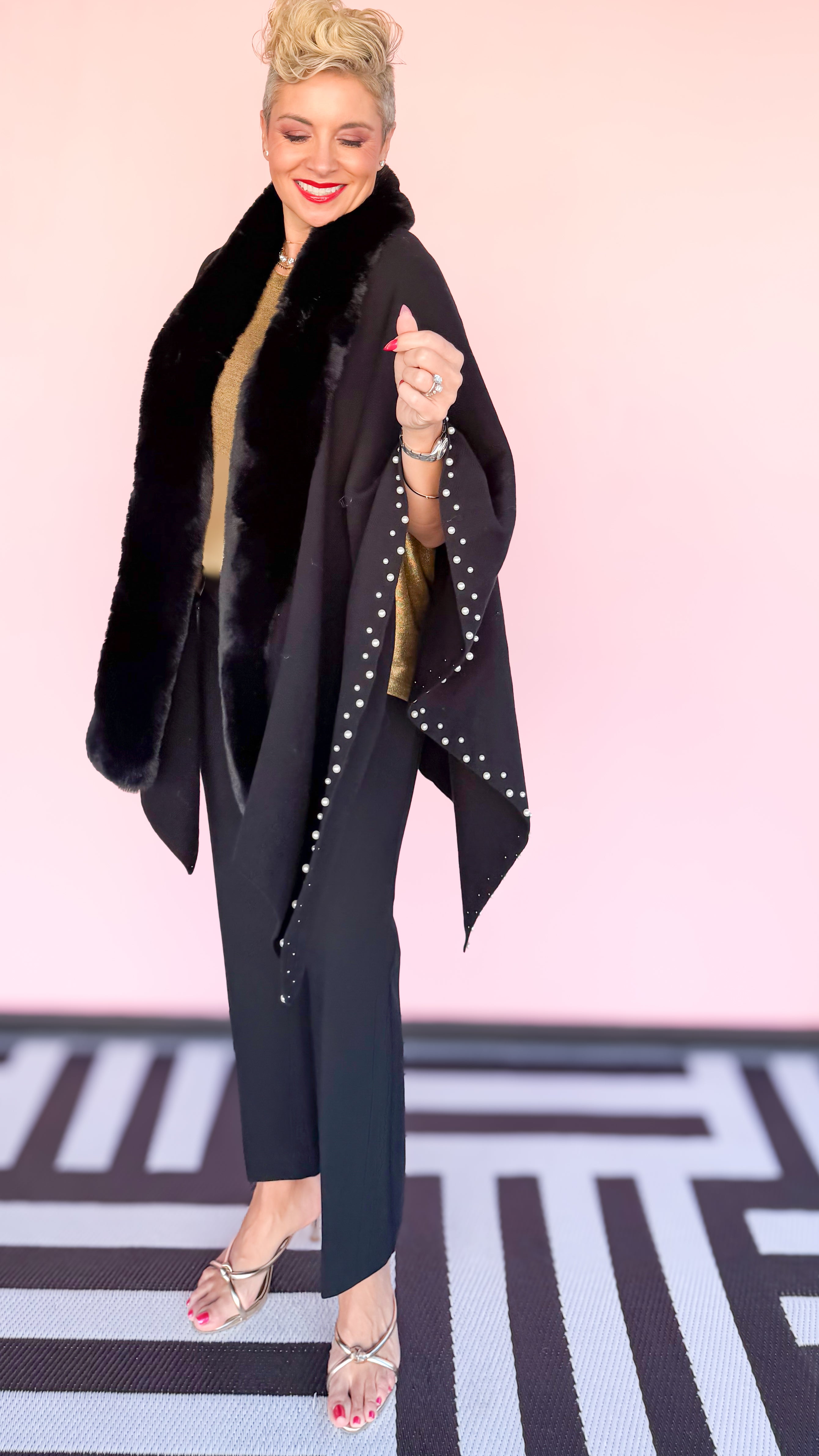 Black Fur Trimmed w/Pearls Cape