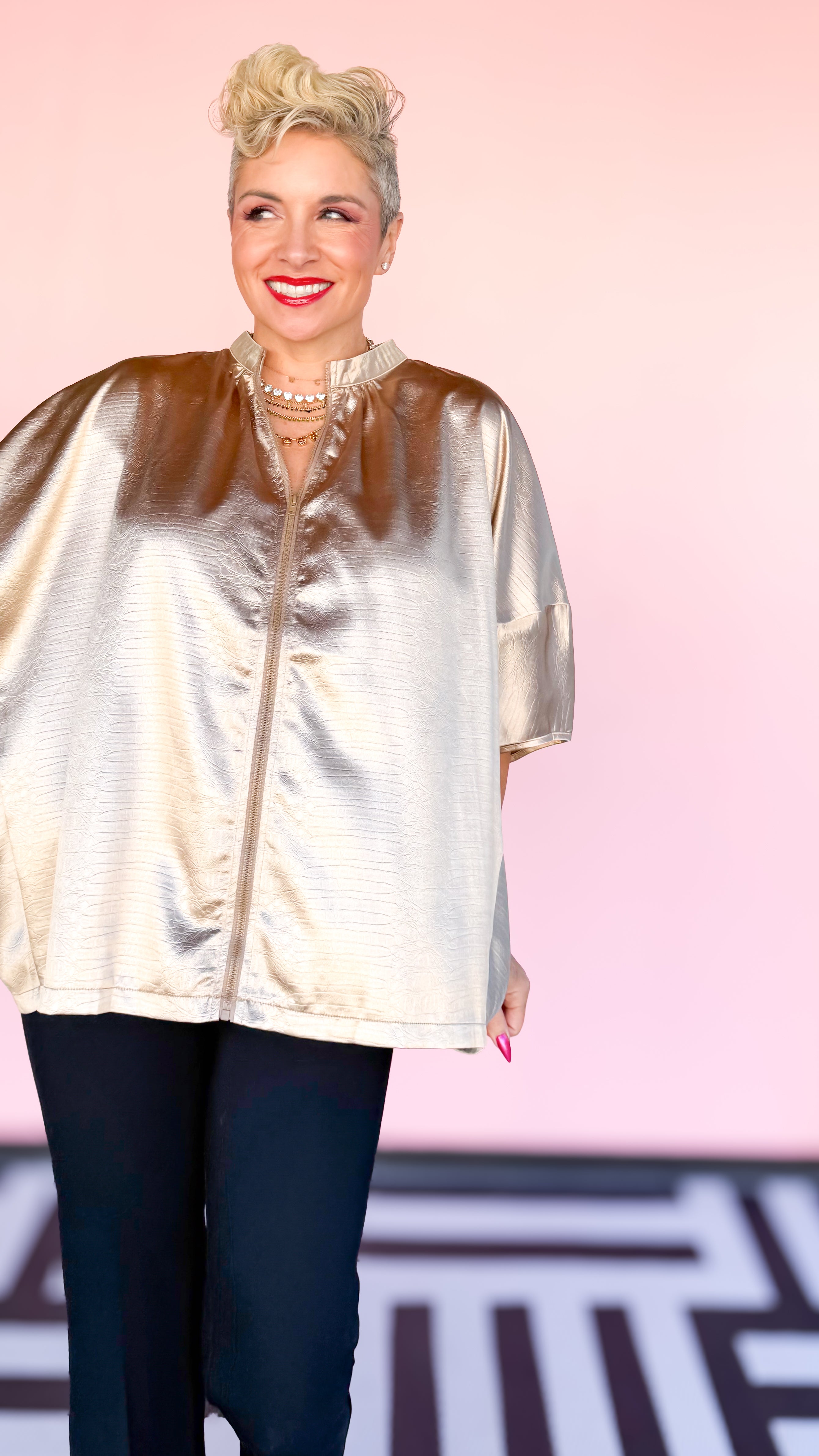 Metallic Alligator Front Zip Blouse in Taupe
