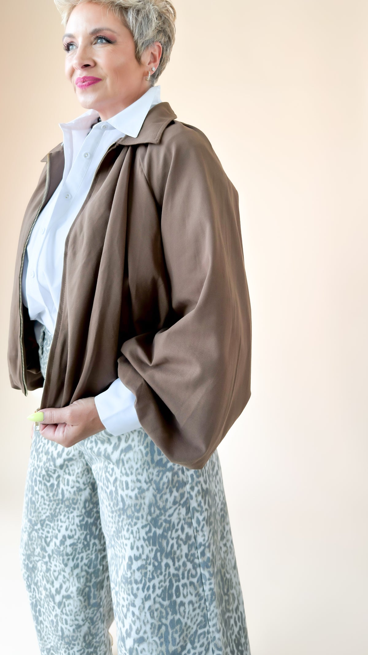 Bubble Hem Crop Jacket/Brown