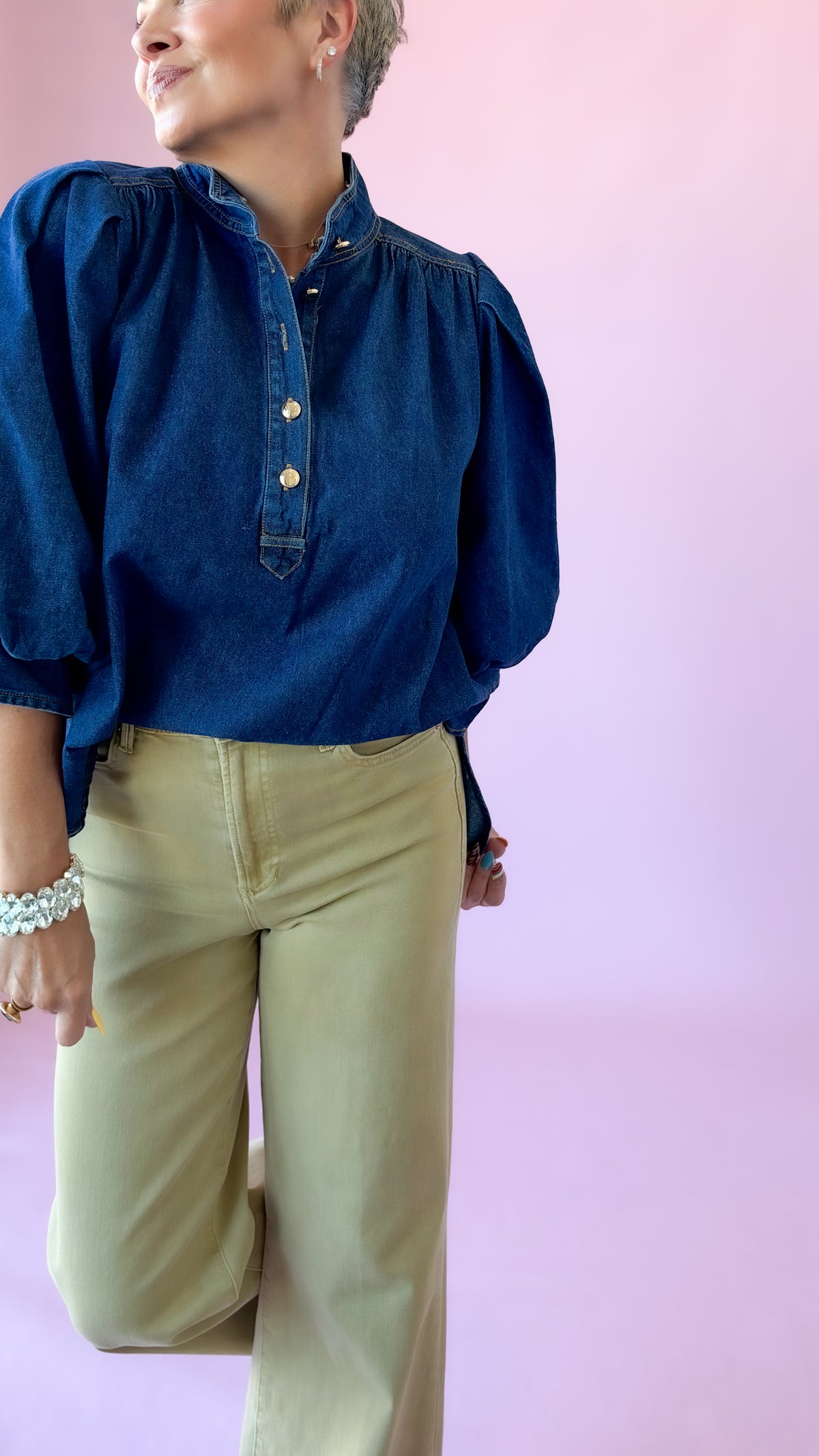 Side close-up of dark denim Ingrid puff sleeve top